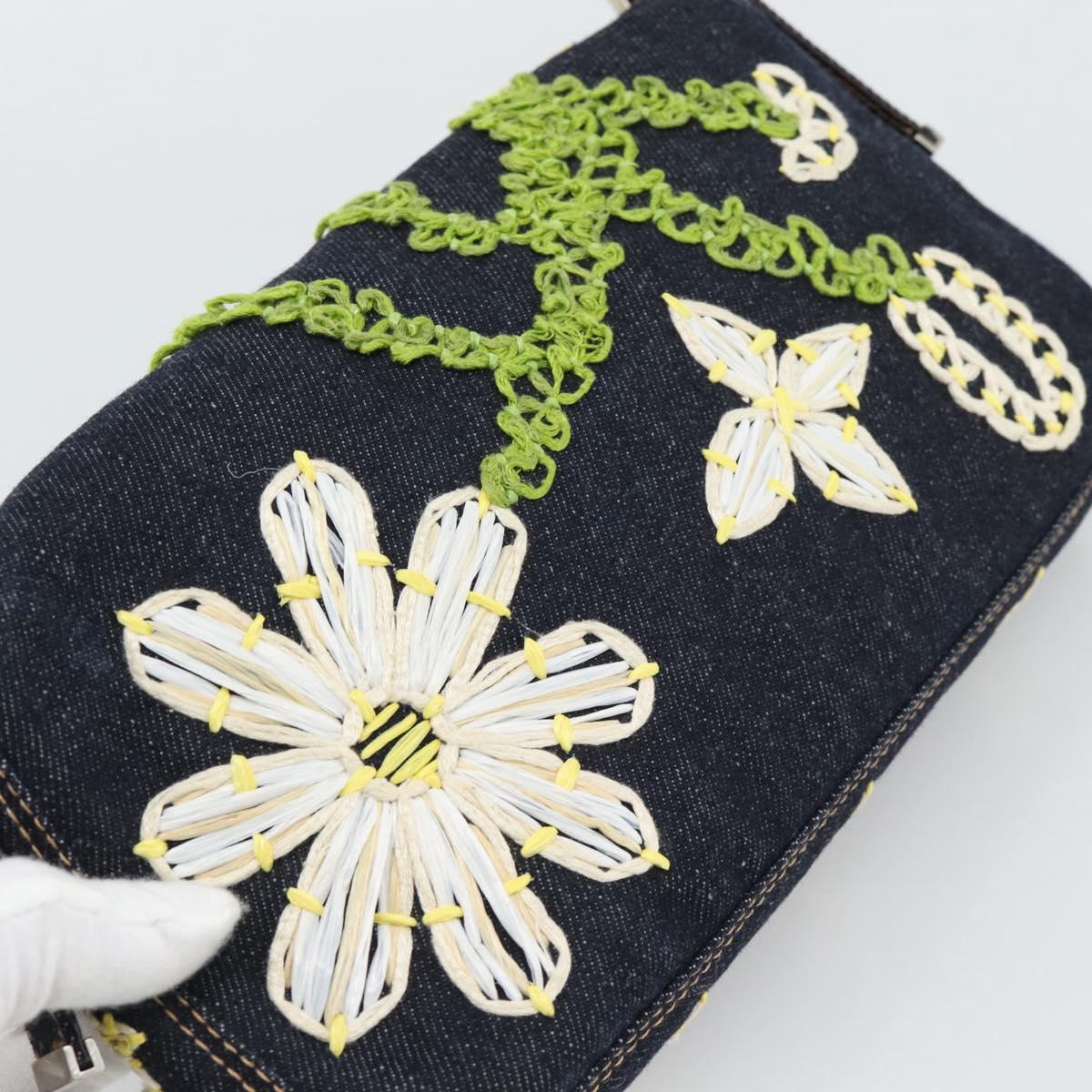 FENDI Flower Embroidery Mamma Baguette Shoulder Bag Denim Navy Auth yk20668SM