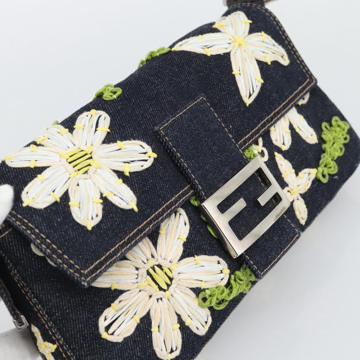 FENDI Flower Embroidery Mamma Baguette Shoulder Bag Denim Navy Auth yk20668SM