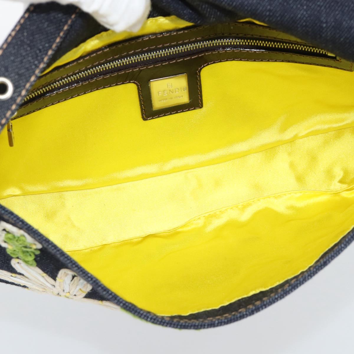 FENDI Flower Embroidery Mamma Baguette Shoulder Bag Denim Navy Auth yk20668SM