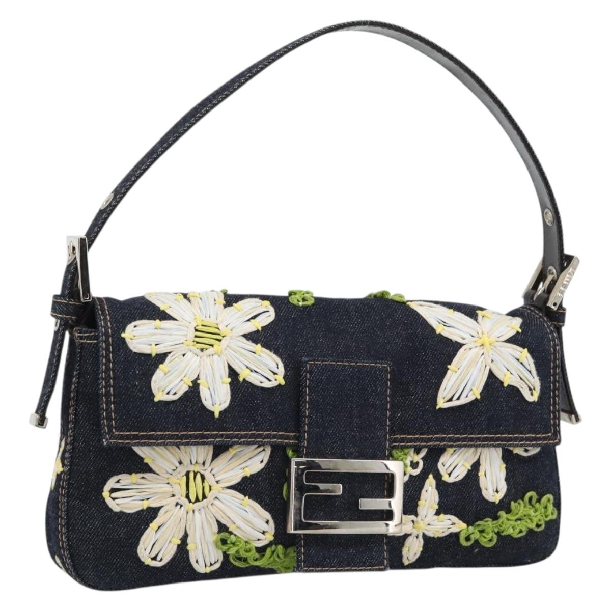 FENDI Flower Embroidery Mamma Baguette Shoulder Bag Denim Navy Auth yk20668SM