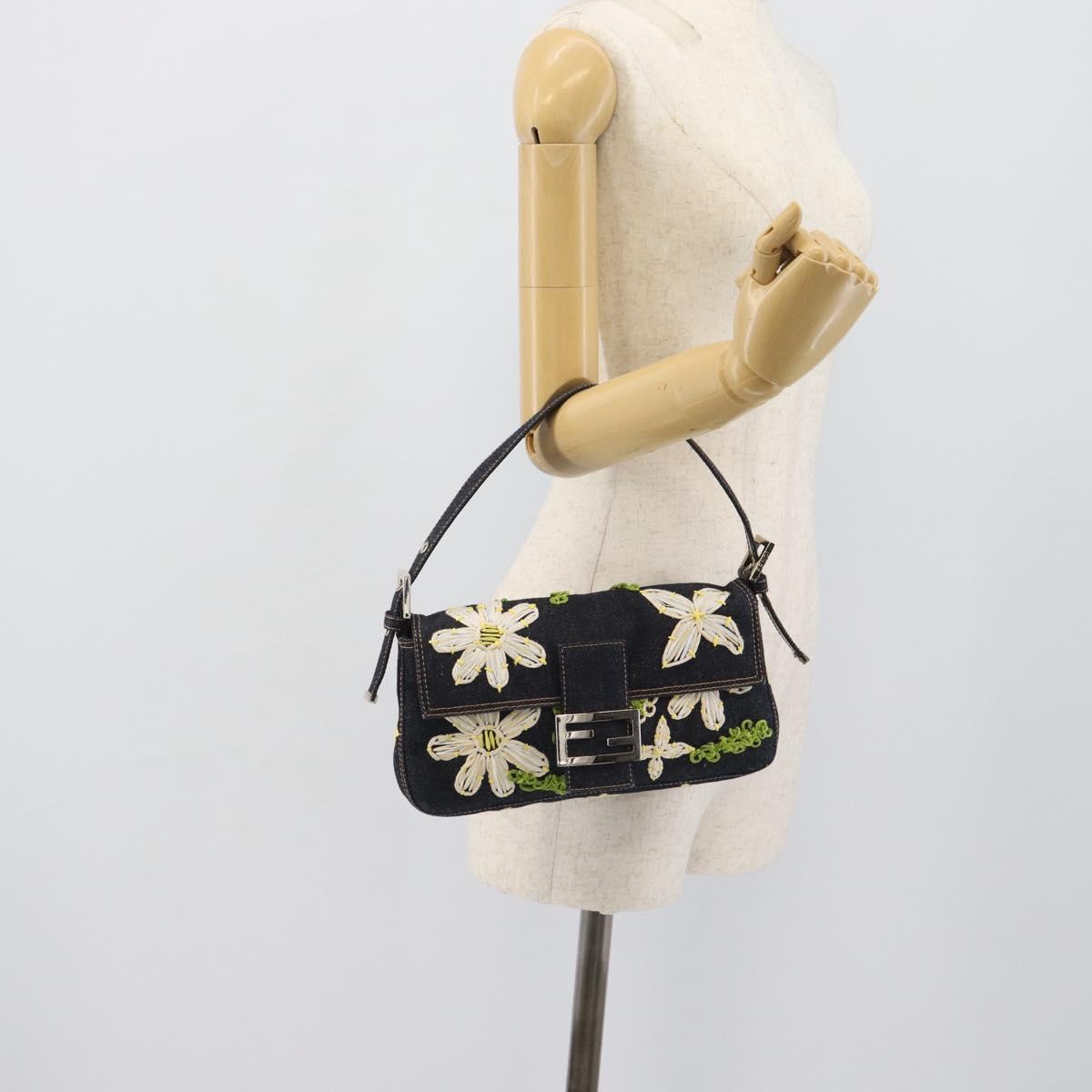 FENDI Flower Embroidery Mamma Baguette Shoulder Bag Denim Navy Auth yk20668SM