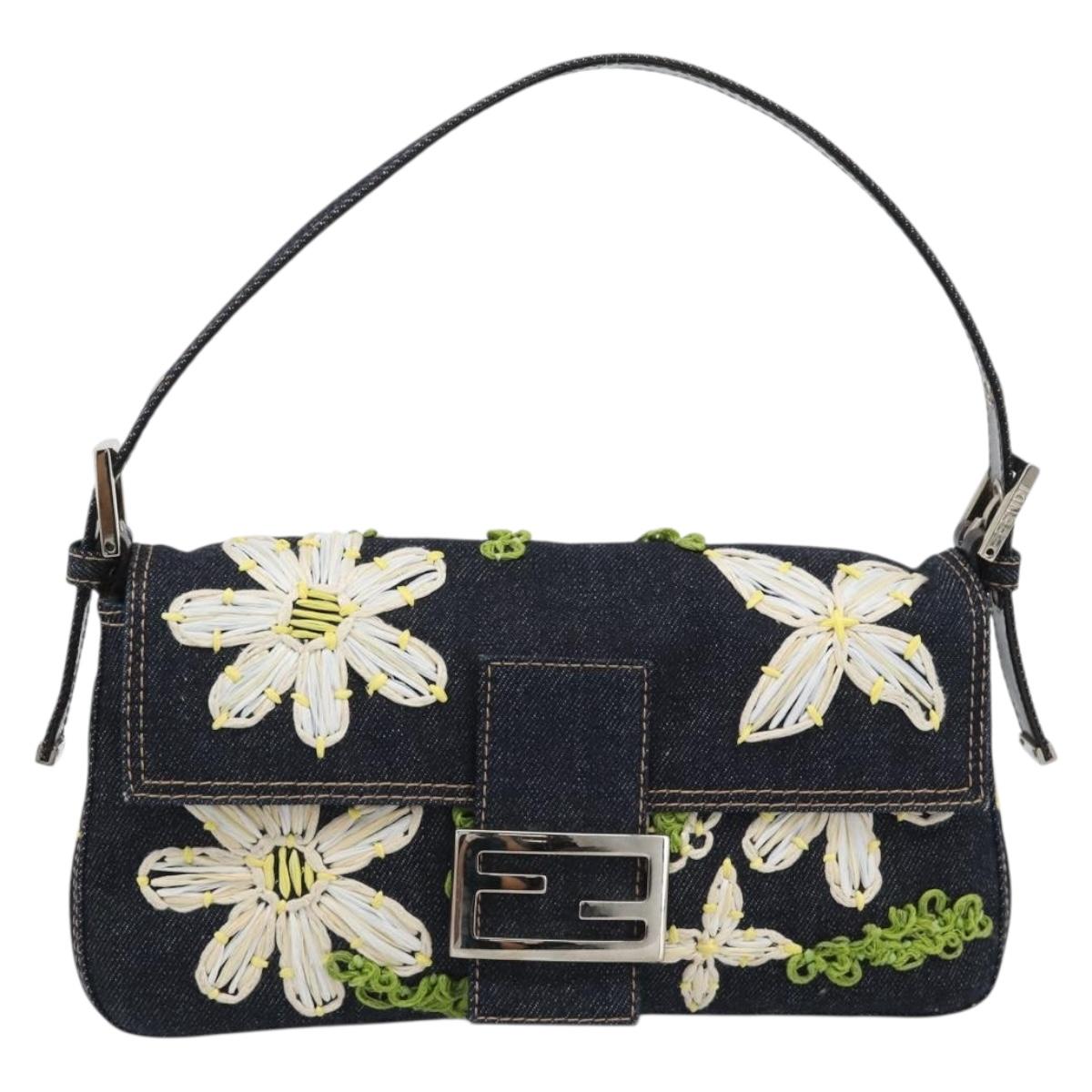 FENDI Flower Embroidery Mamma Baguette Shoulder Bag Denim Navy Auth yk20668SM