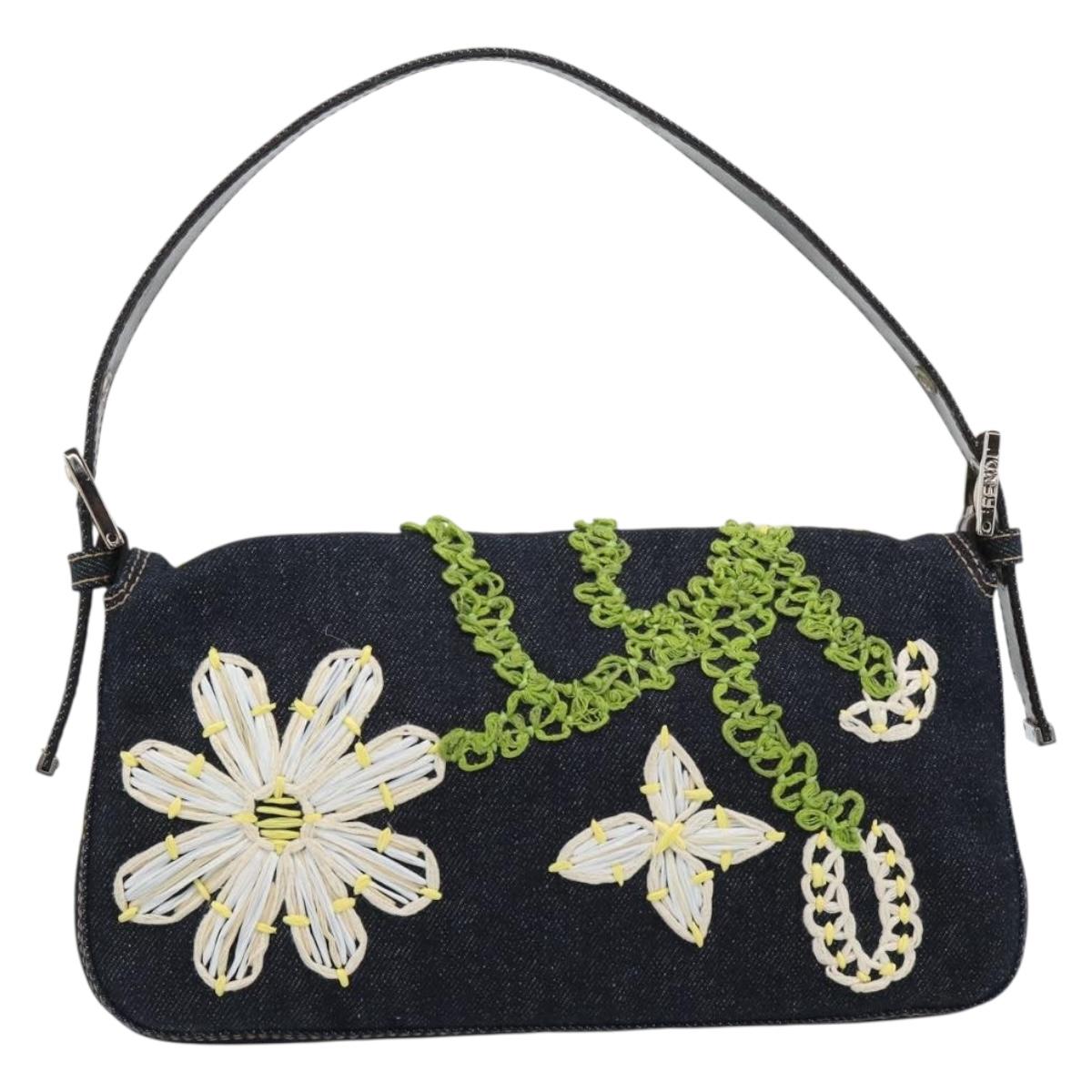 FENDI Flower Embroidery Mamma Baguette Shoulder Bag Denim Navy Auth yk20668SM