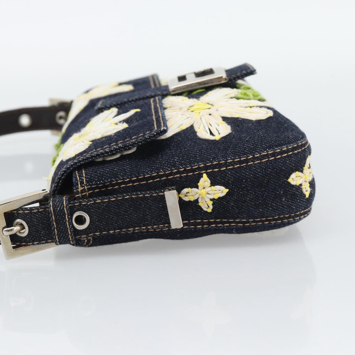 FENDI Flower Embroidery Mamma Baguette Shoulder Bag Denim Navy Auth yk20668SM