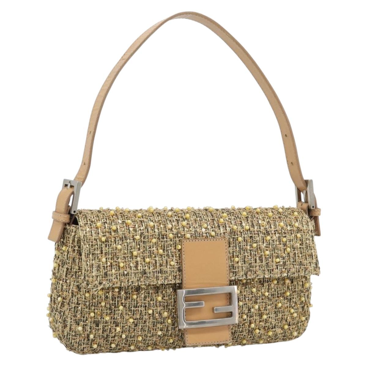 FENDI Tweed Beads Mamma Baguette Shoulder Bag Gold Silver 8BR000 Auth yk20672SAM