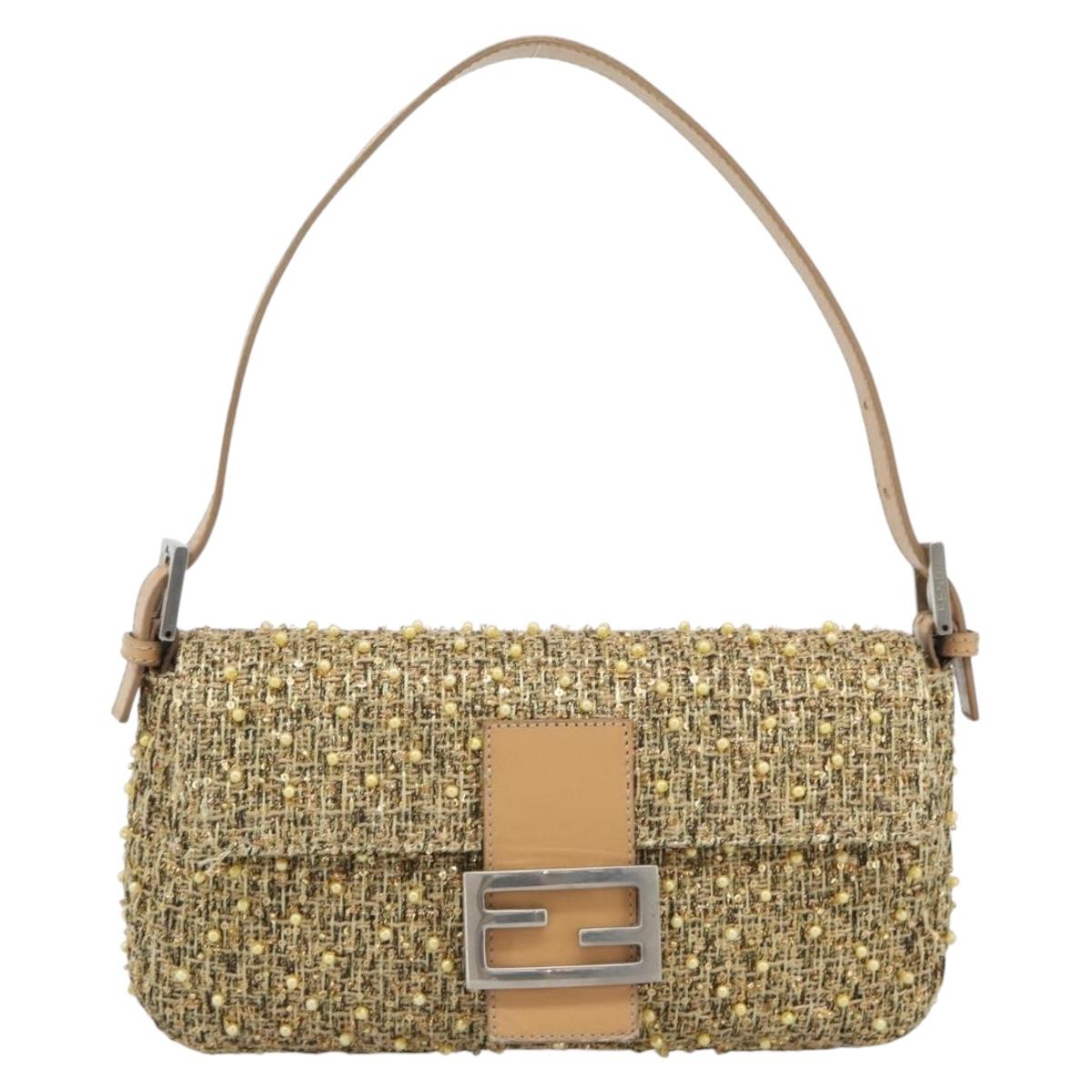FENDI Tweed Beads Mamma Baguette Shoulder Bag Gold Silver 8BR000 Auth yk20672SAM