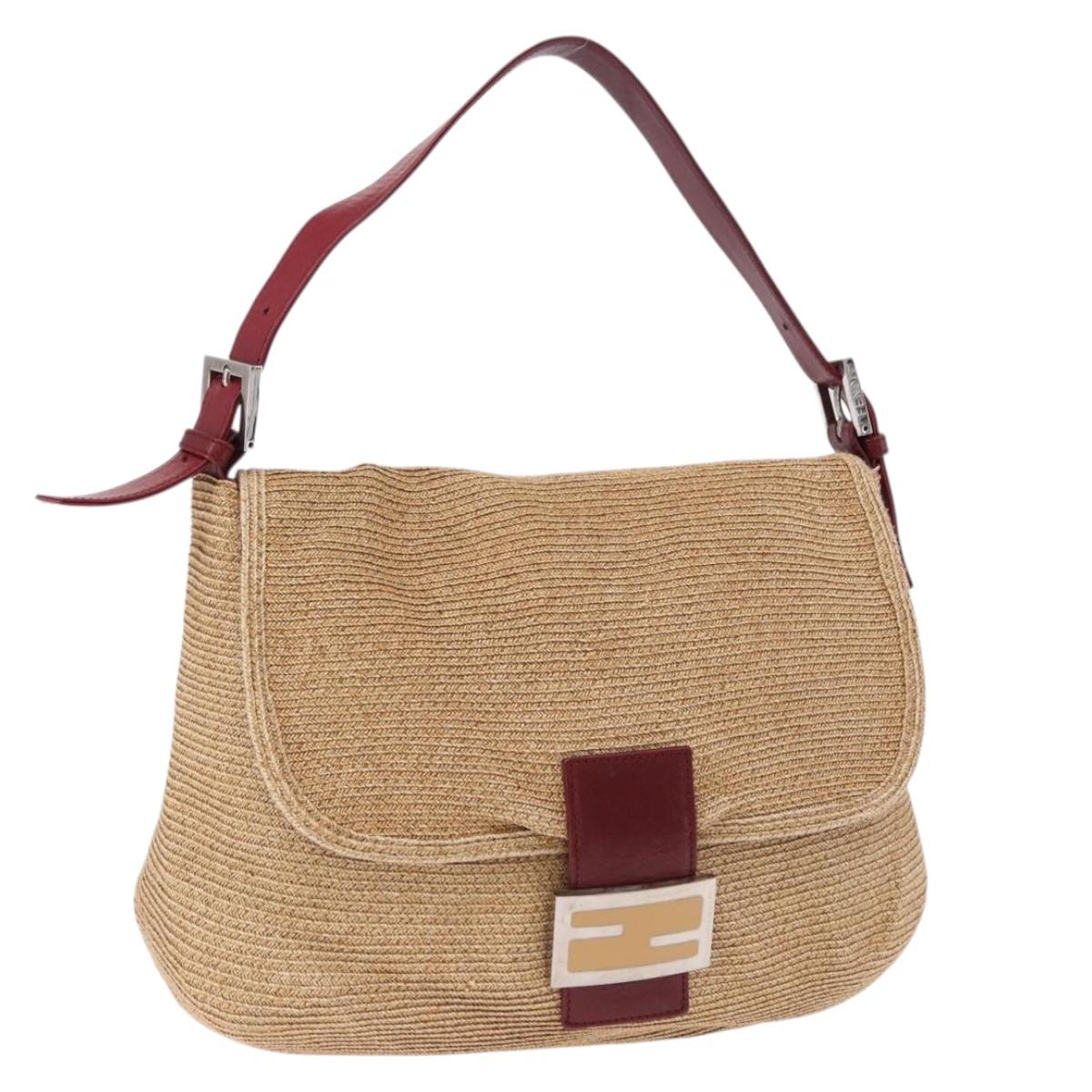 FENDI Mamma Baguette Shoulder Bag Straw Beige Silver Auth yk20673SAV
