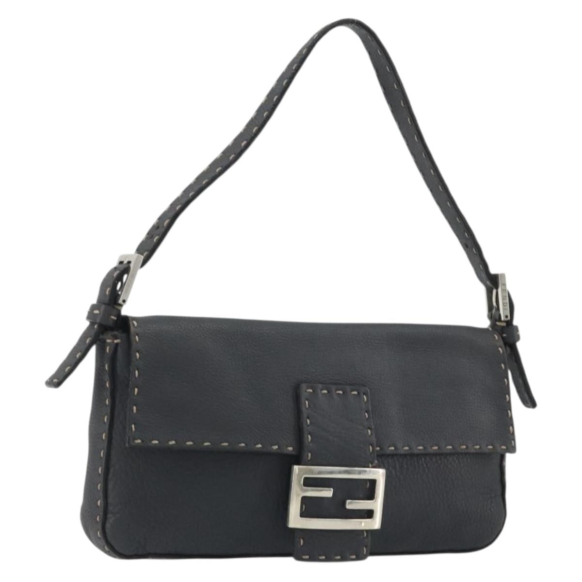 FENDI Celeria Mamma Baguette Shoulder Bag Leather Gray Silver Auth yk20674M