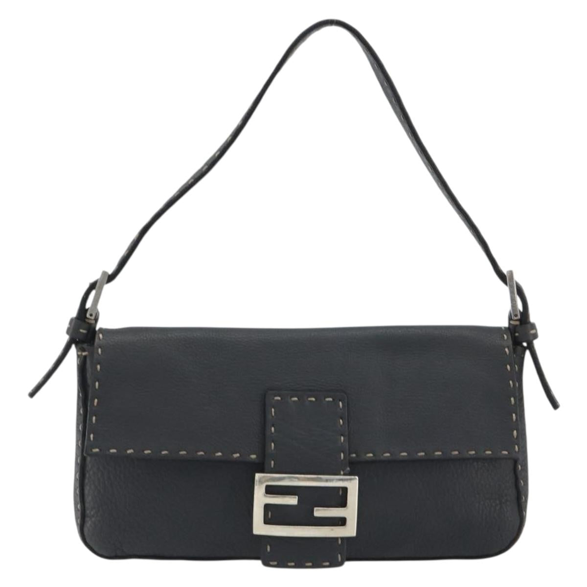 FENDI Celeria Mamma Baguette Shoulder Bag Leather Gray Silver Auth yk20674M