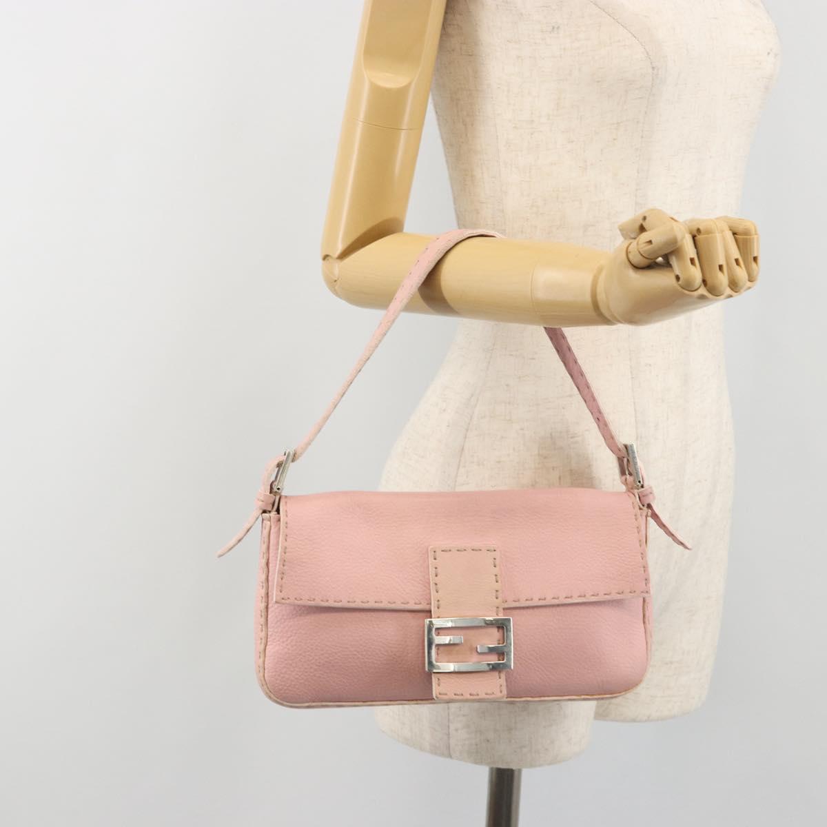 FENDI Celeria Mamma Baguette Shoulder Bag Leather Pink Silver Auth yk20675M