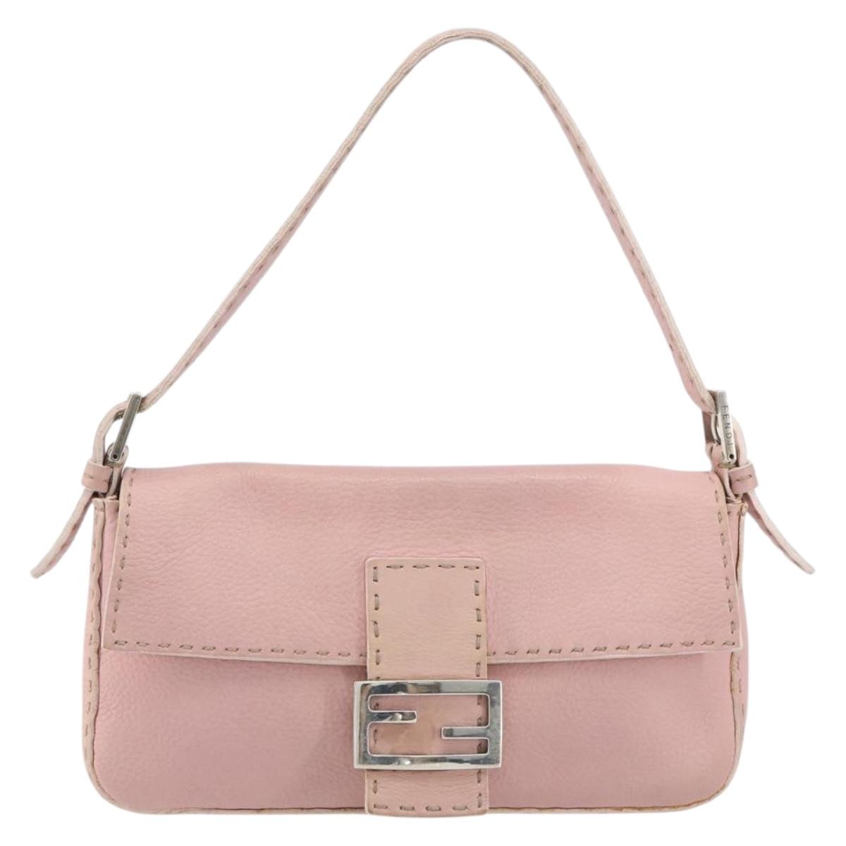 FENDI Celeria Mamma Baguette Shoulder Bag Leather Pink Silver Auth yk20675M
