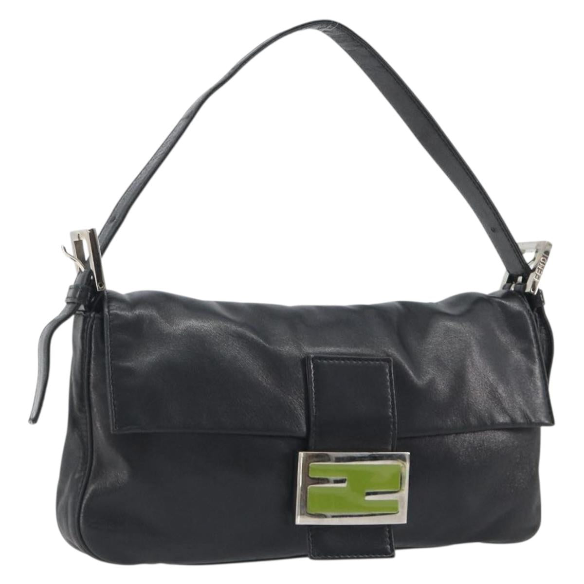 FENDI Mamma Baguette Shoulder Bag Leather Black Silver Auth yk20676SAM