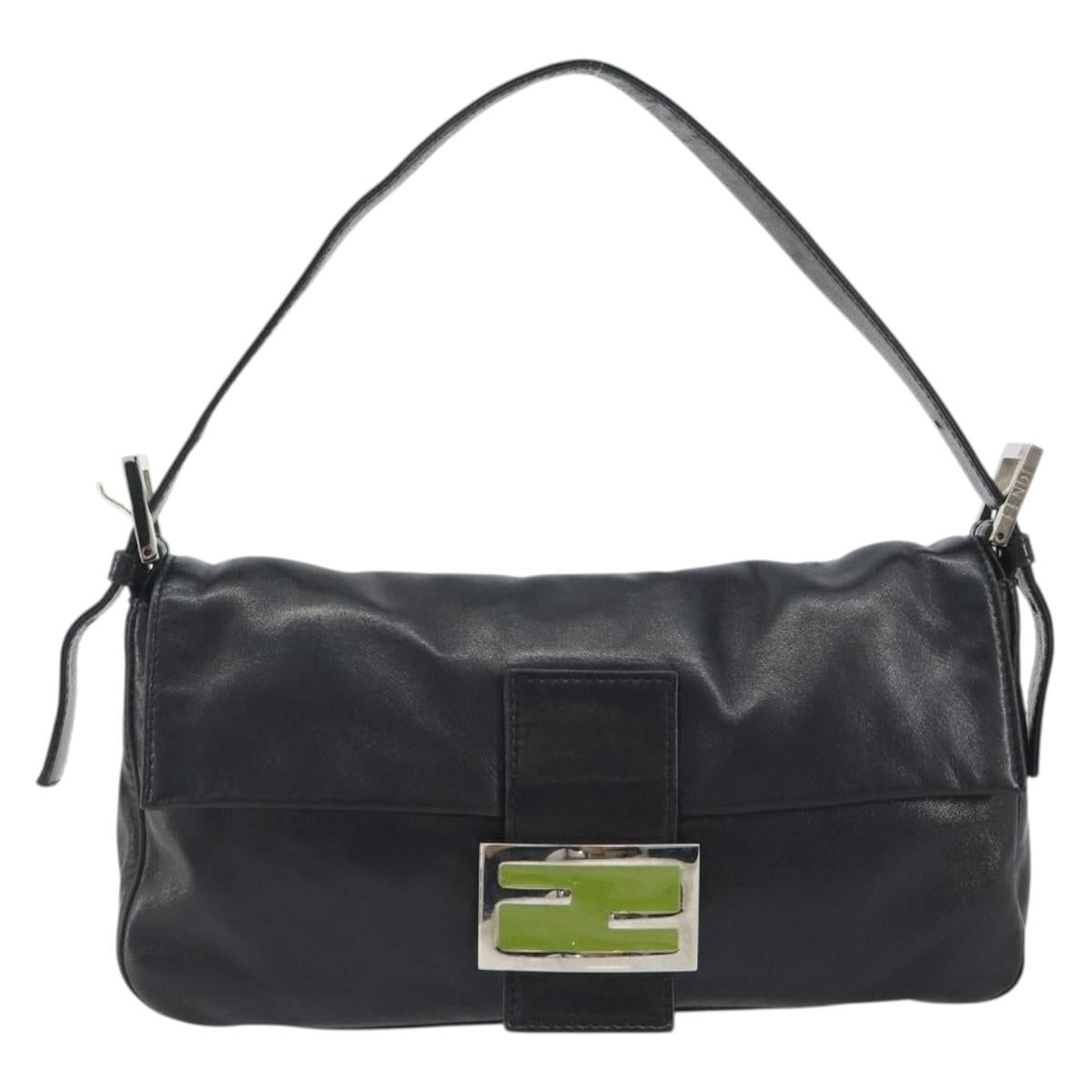 FENDI Mamma Baguette Shoulder Bag Leather Black Silver Auth yk20676SAM