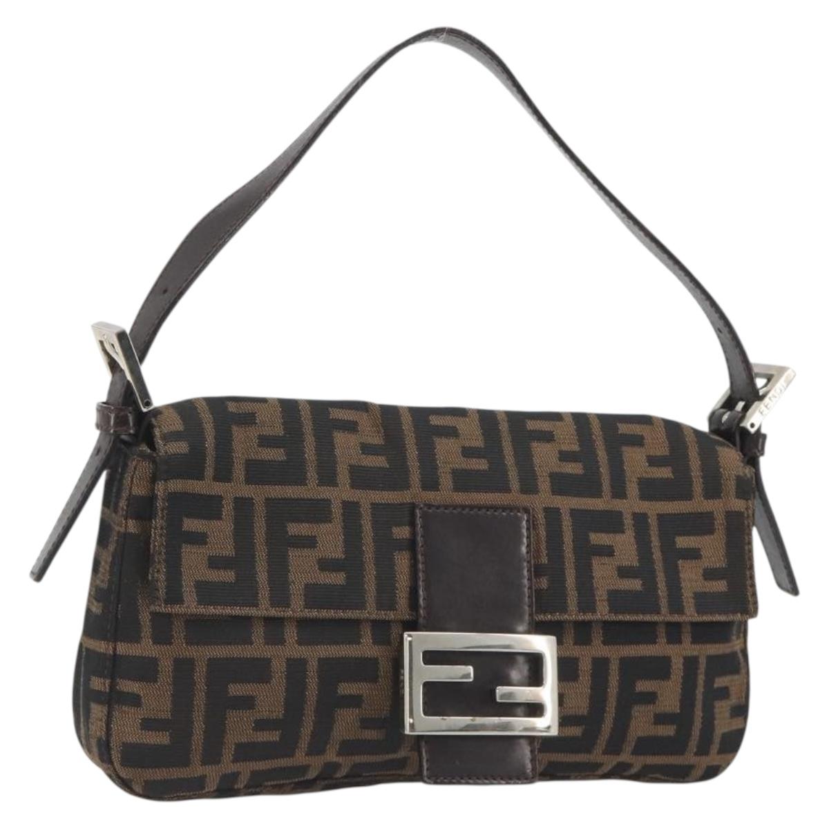 FENDI Zucca Canvas Mamma Baguette Shoulder Bag Brown Silver Auth yk20678SAM