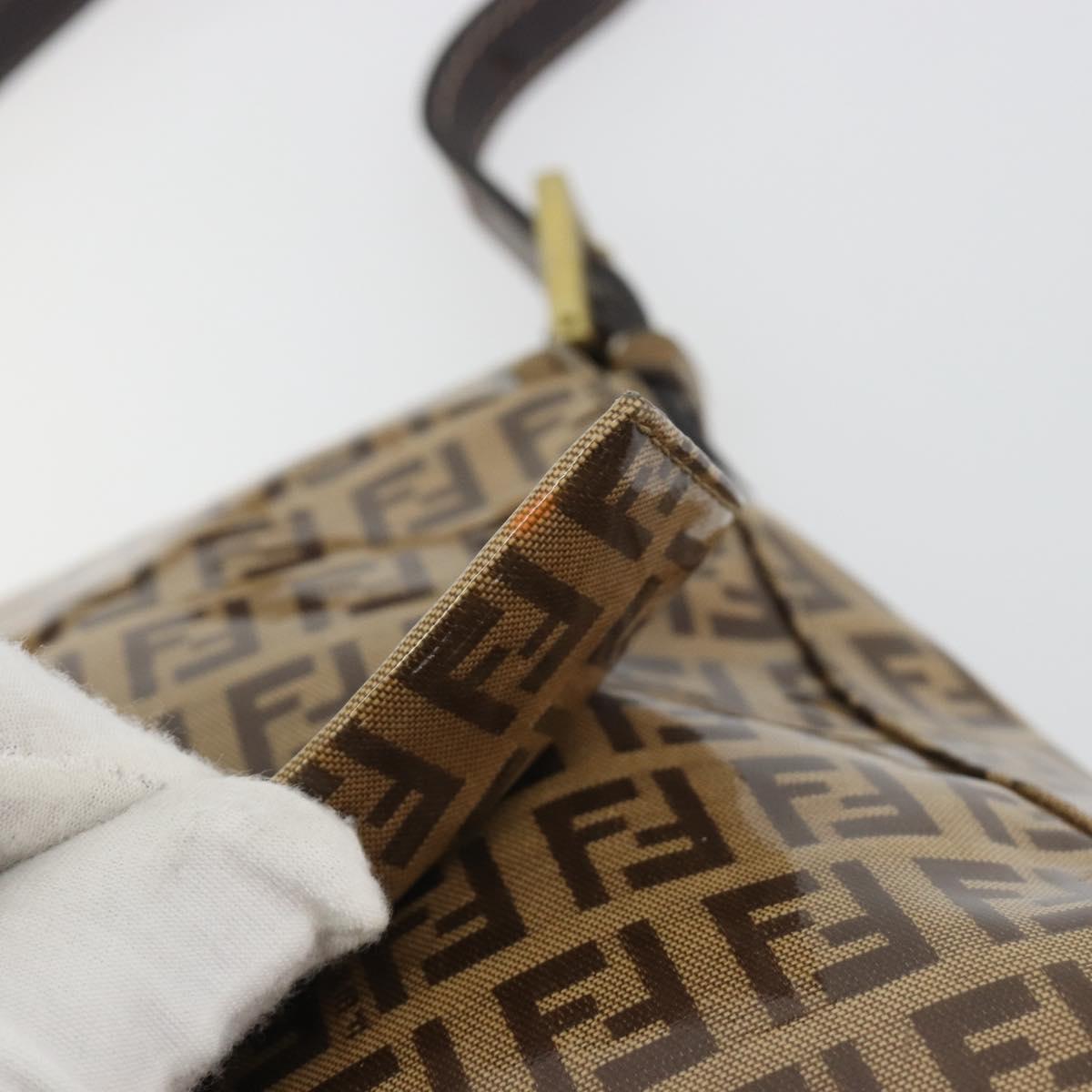FENDI Zucchino Mamma Baguette Shoulder Bag Patent Beige Gold Tone Auth yk20679A