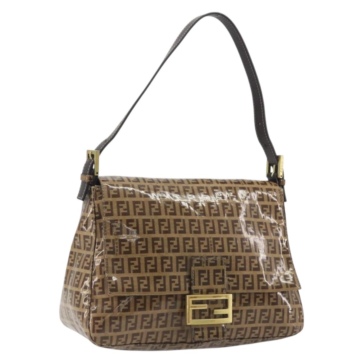 FENDI Zucchino Mamma Baguette Shoulder Bag Patent Beige Gold Tone Auth yk20679A