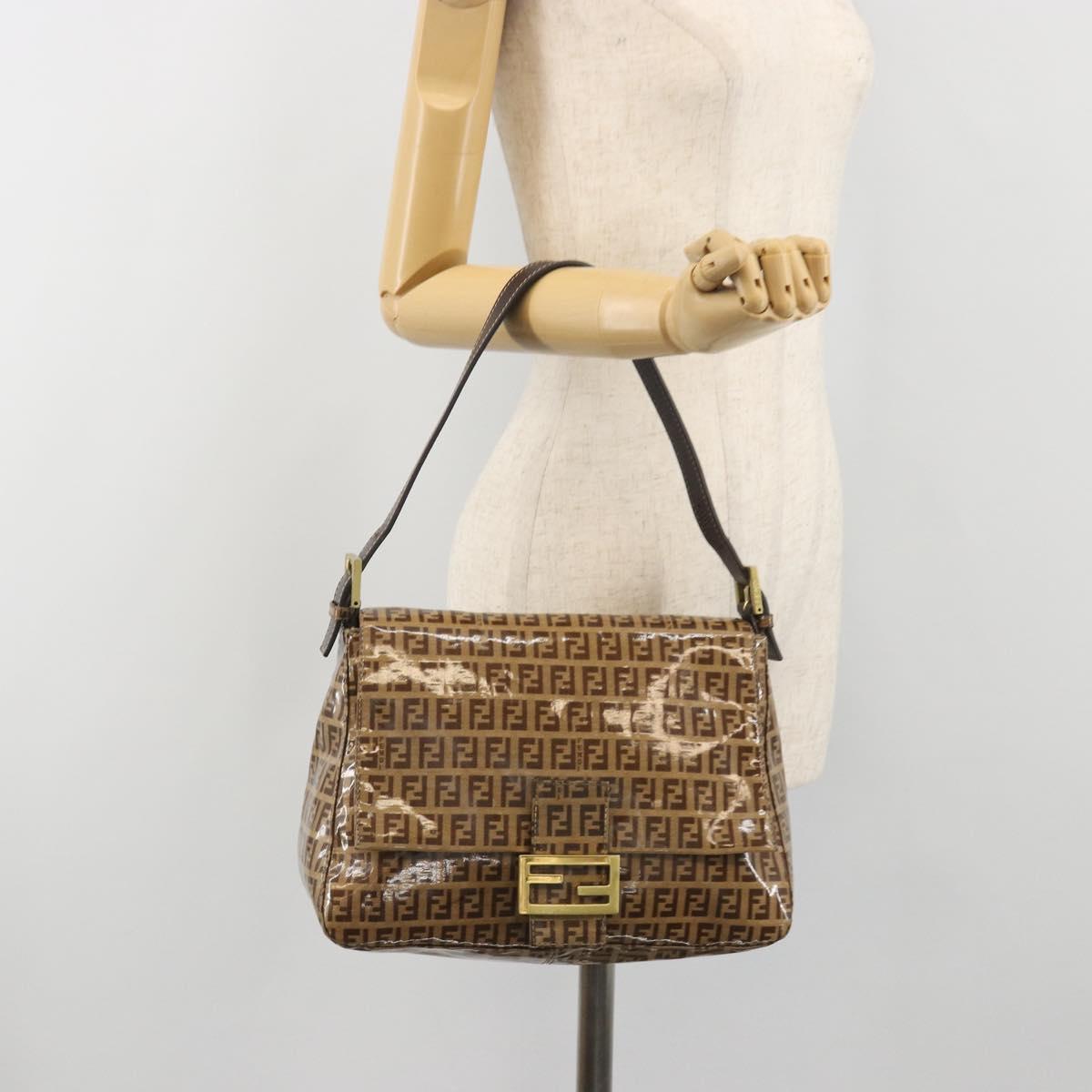 FENDI Zucchino Mamma Baguette Shoulder Bag Patent Beige Gold Tone Auth yk20679A