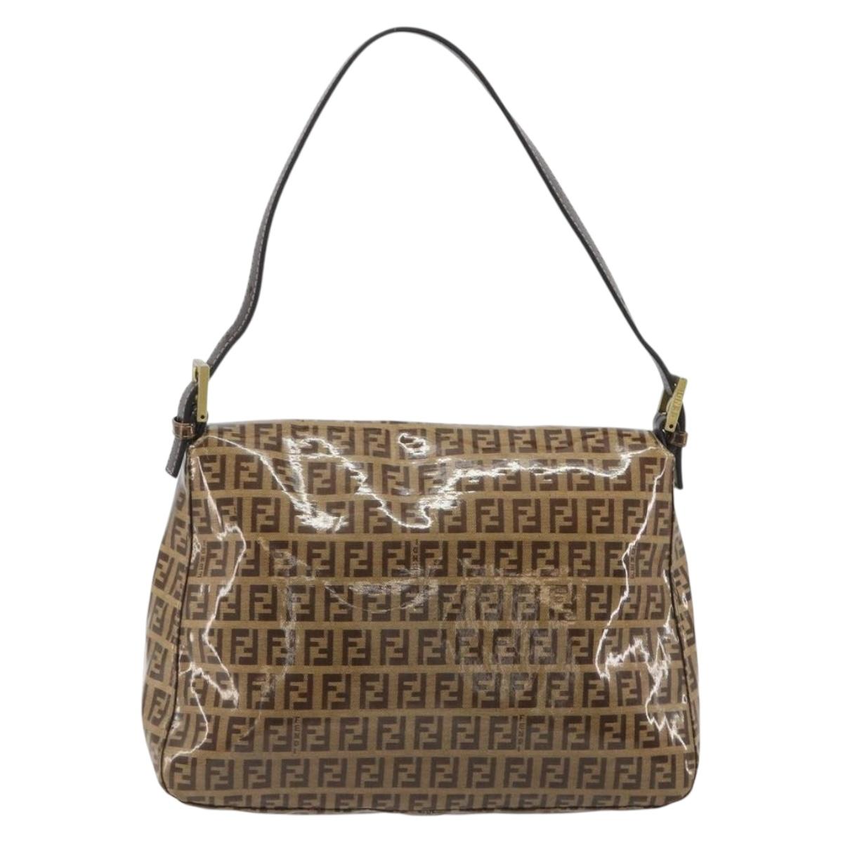 FENDI Zucchino Mamma Baguette Shoulder Bag Patent Beige Gold Tone Auth yk20679A