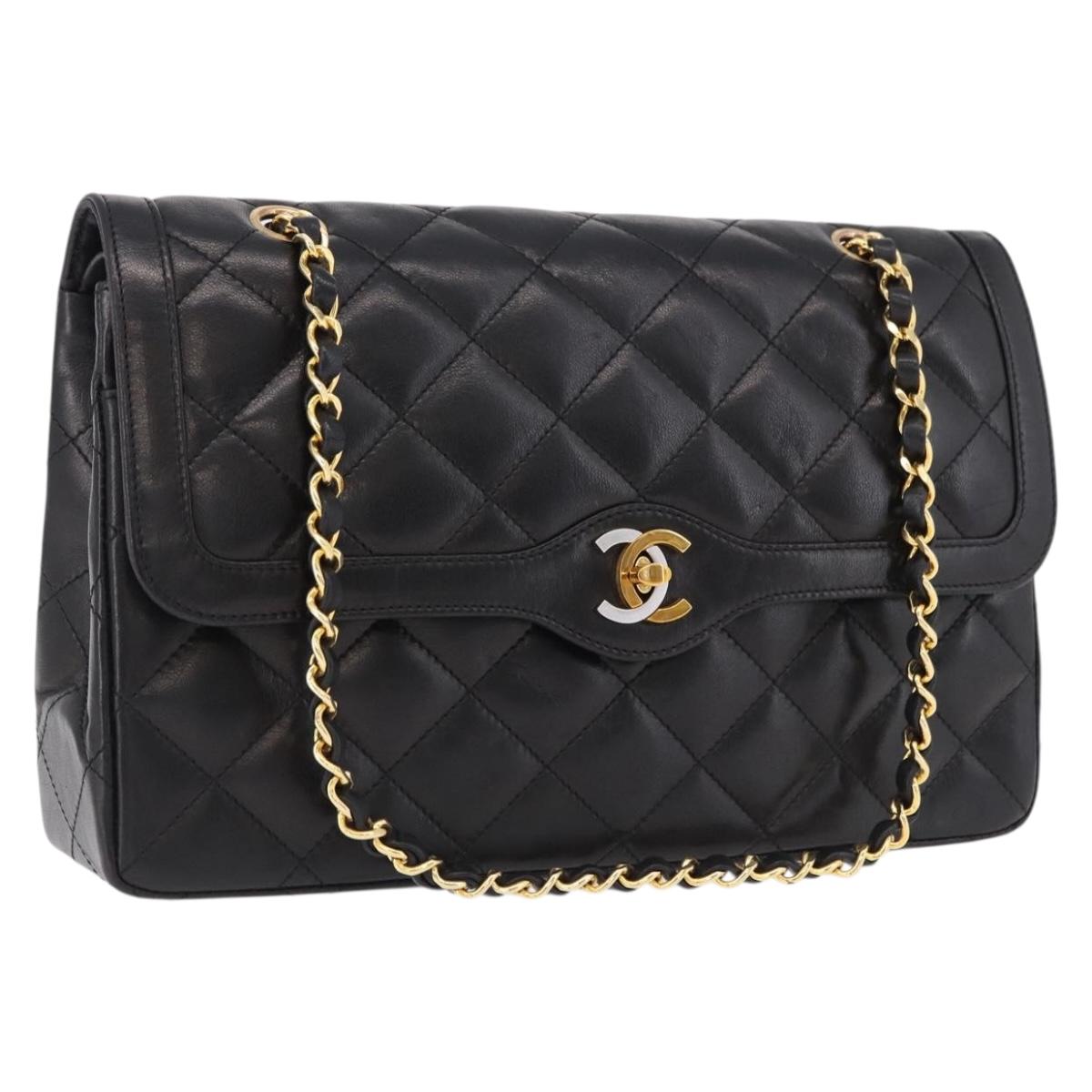 CHANEL Matelasse 28 Chain Hand Bag Lamb Skin Paris Limited Black Auth yk20684SAM