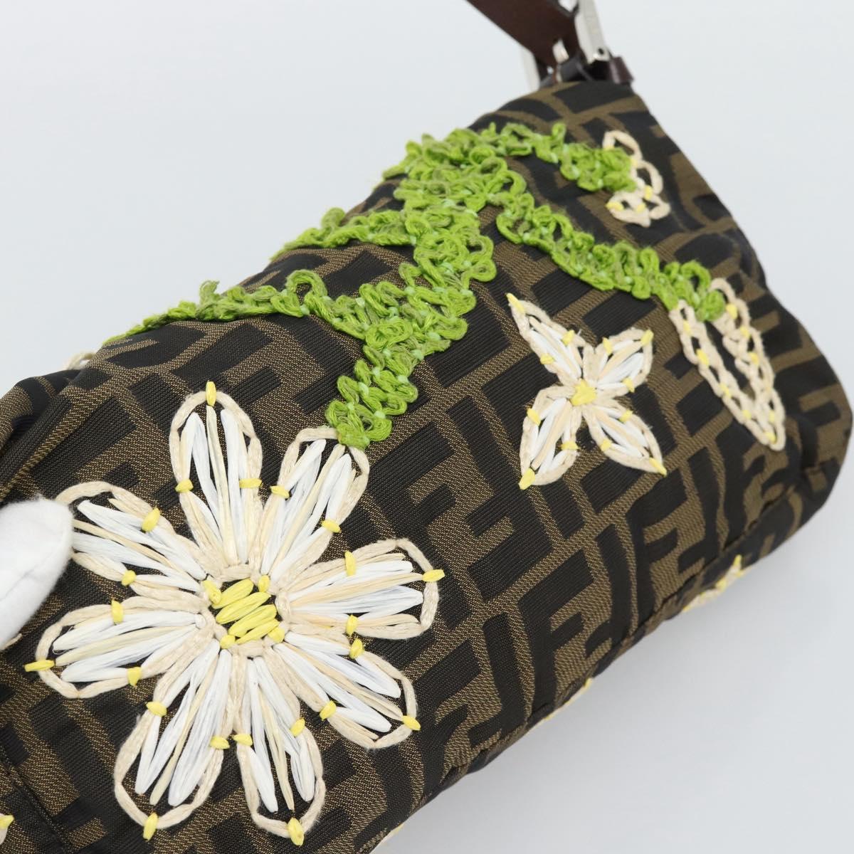 FENDI Zucca Canvas Flower Embroidery Mamma Baguette Brown Silver Auth yk20688SM