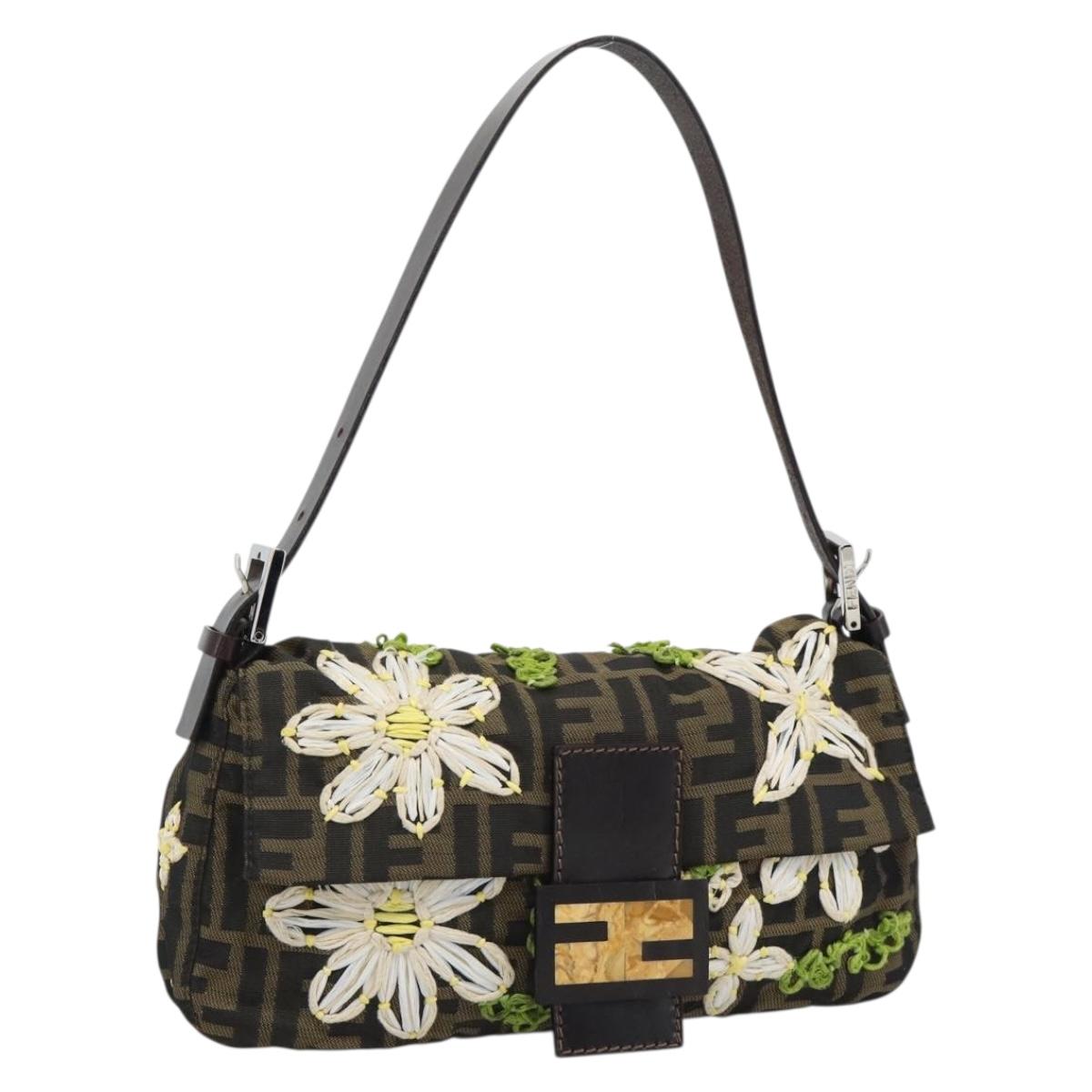FENDI Zucca Canvas Flower Embroidery Mamma Baguette Brown Silver Auth yk20688SM