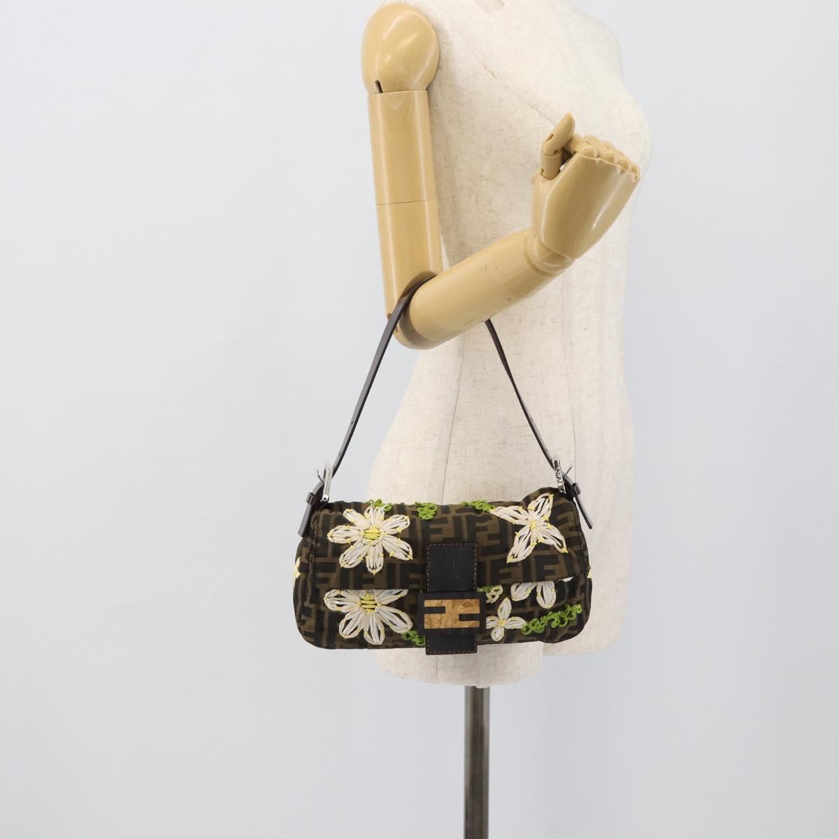 FENDI Zucca Canvas Flower Embroidery Mamma Baguette Brown Silver Auth yk20688SM