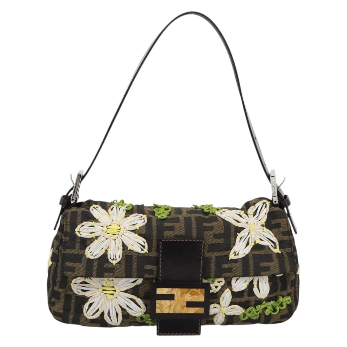 FENDI Zucca Canvas Flower Embroidery Mamma Baguette Brown Silver Auth yk20688SM
