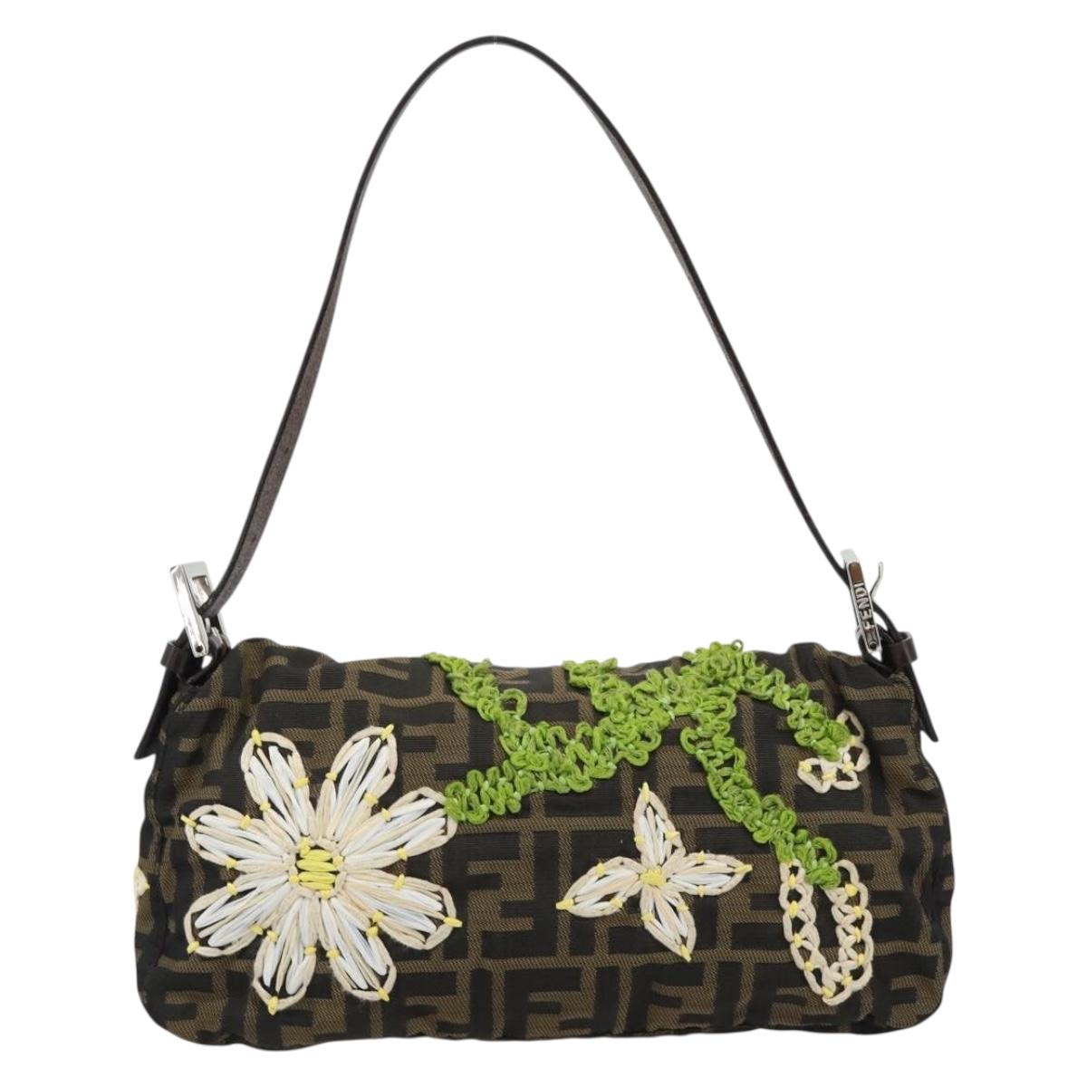 FENDI Zucca Canvas Flower Embroidery Mamma Baguette Brown Silver Auth yk20688SM