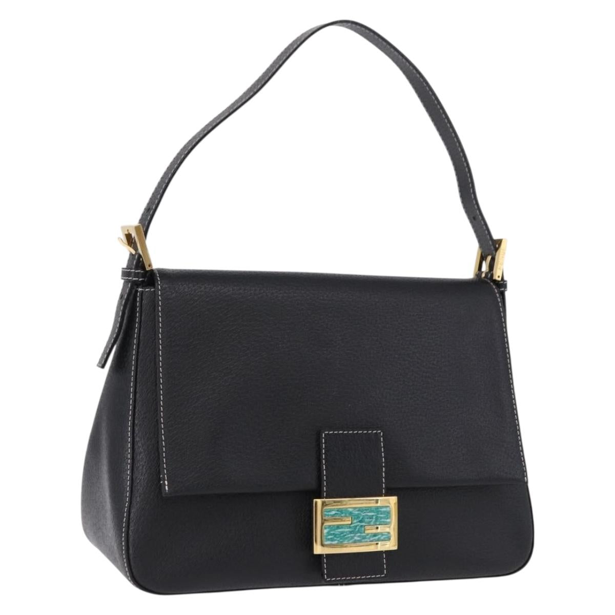 FENDI Mamma Baguette Shoulder Bag Leather Black Gold Tone Auth yk20691SAM