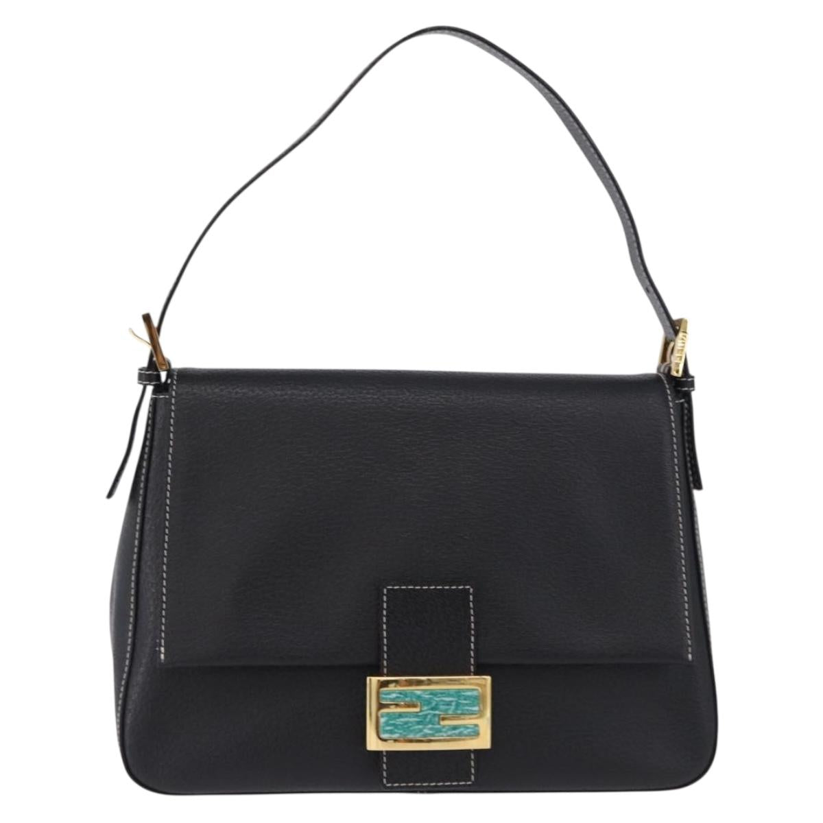 FENDI Mamma Baguette Shoulder Bag Leather Black Gold Tone Auth yk20691SAM