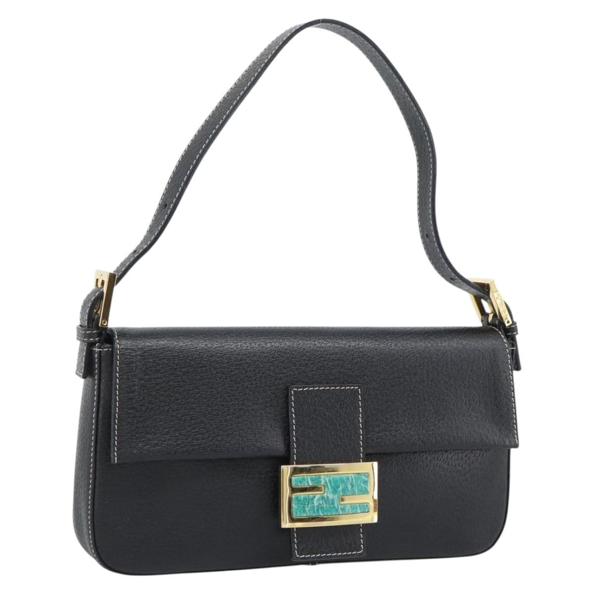 FENDI Mamma Baguette Shoulder Bag Leather Black Gold Tone Auth yk20692SM