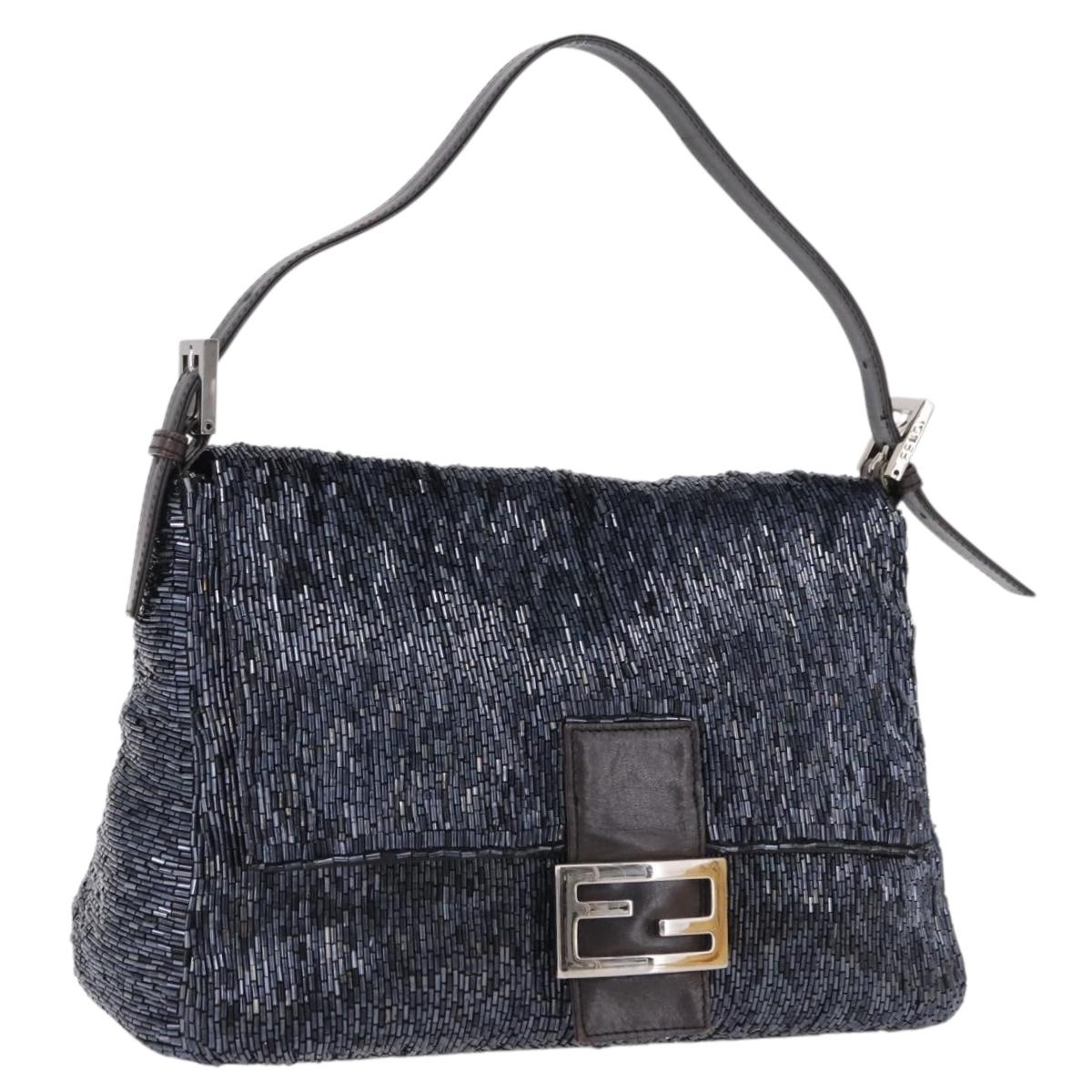 FENDI Mamma Baguette Shoulder Bag Beads Navy Silver Auth yk20696SAM