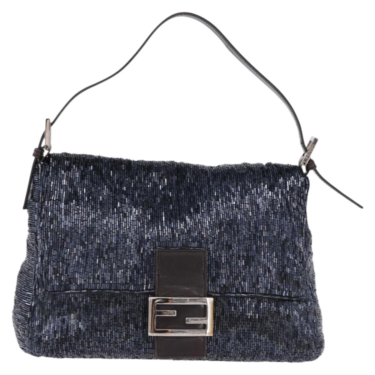FENDI Mamma Baguette Shoulder Bag Beads Navy Silver Auth yk20696SAM