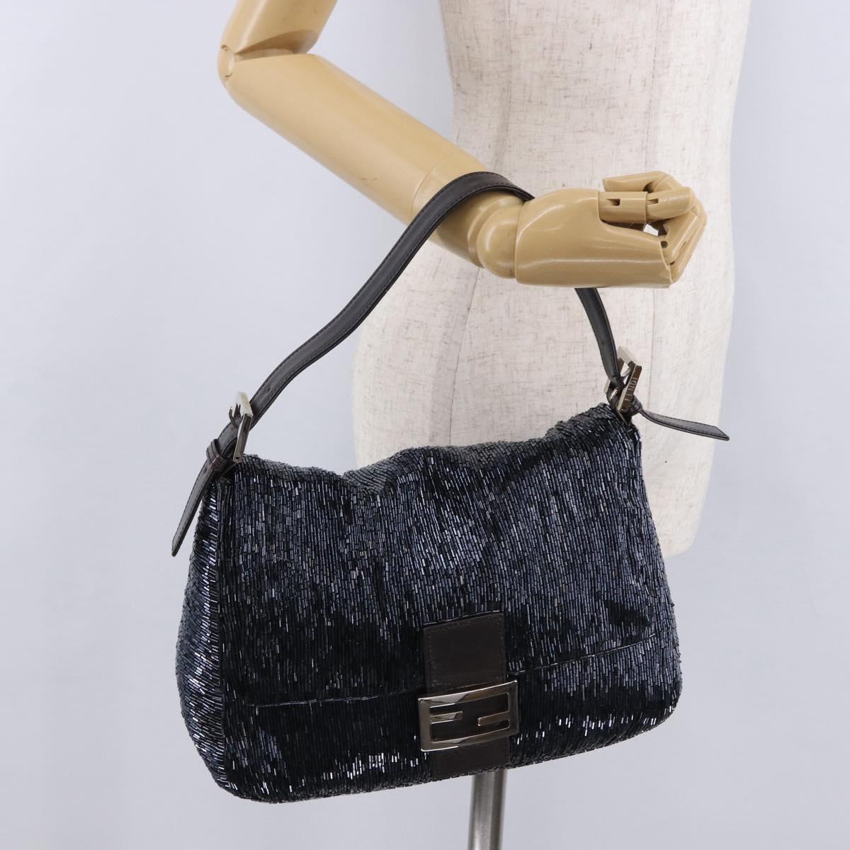 FENDI Mamma Baguette Shoulder Bag Beads Navy Silver Auth yk20696SAM