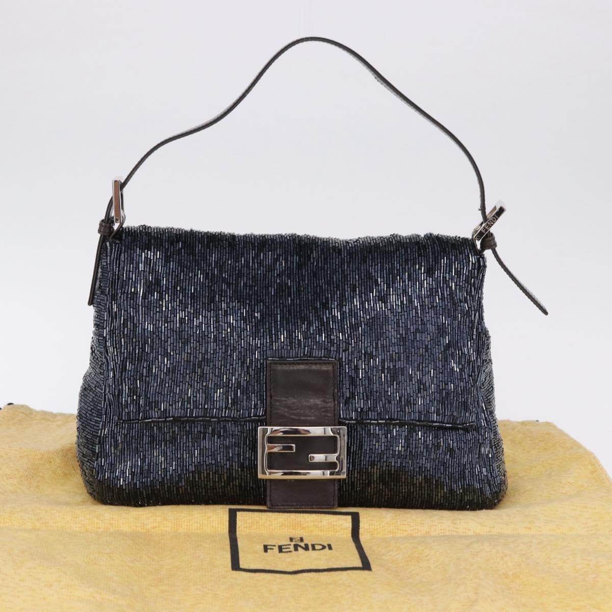 FENDI Mamma Baguette Shoulder Bag Beads Navy Silver Auth yk20696SAM
