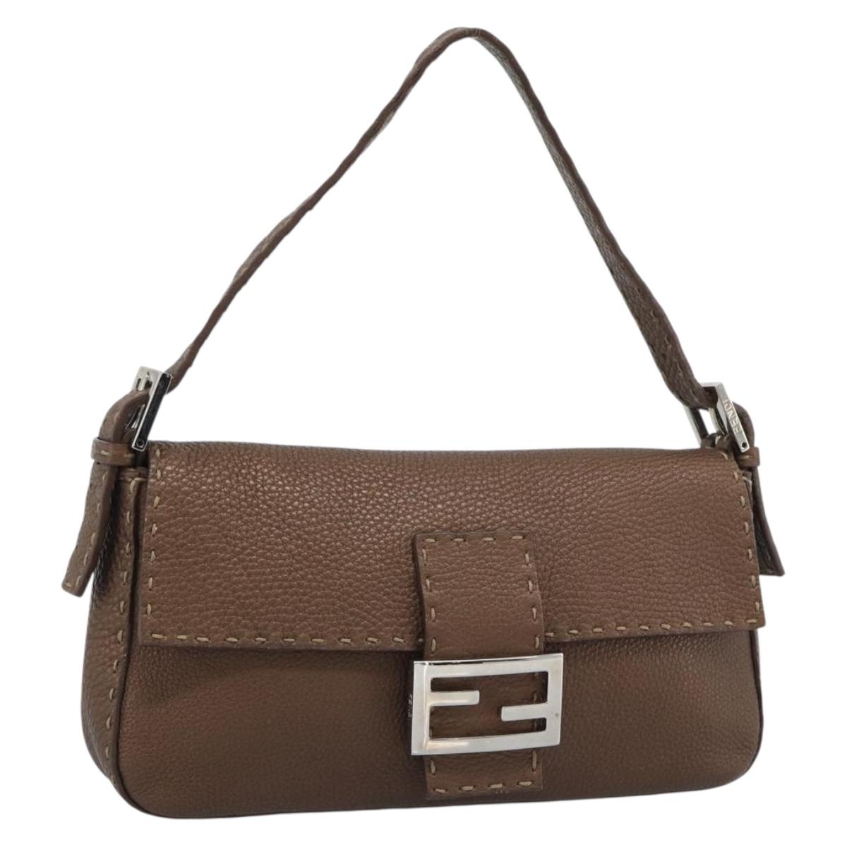 FENDI Celeria Mamma Baguette Shoulder Bag Leather Brown Silver Auth yk20699SAM