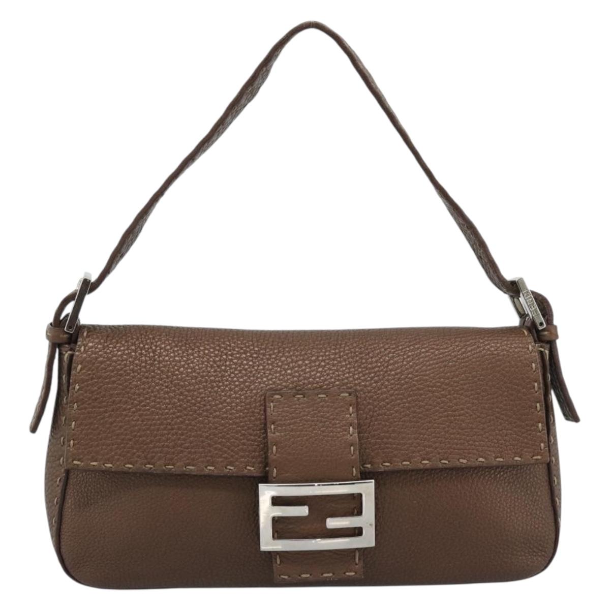 FENDI Celeria Mamma Baguette Shoulder Bag Leather Brown Silver Auth yk20699SAM