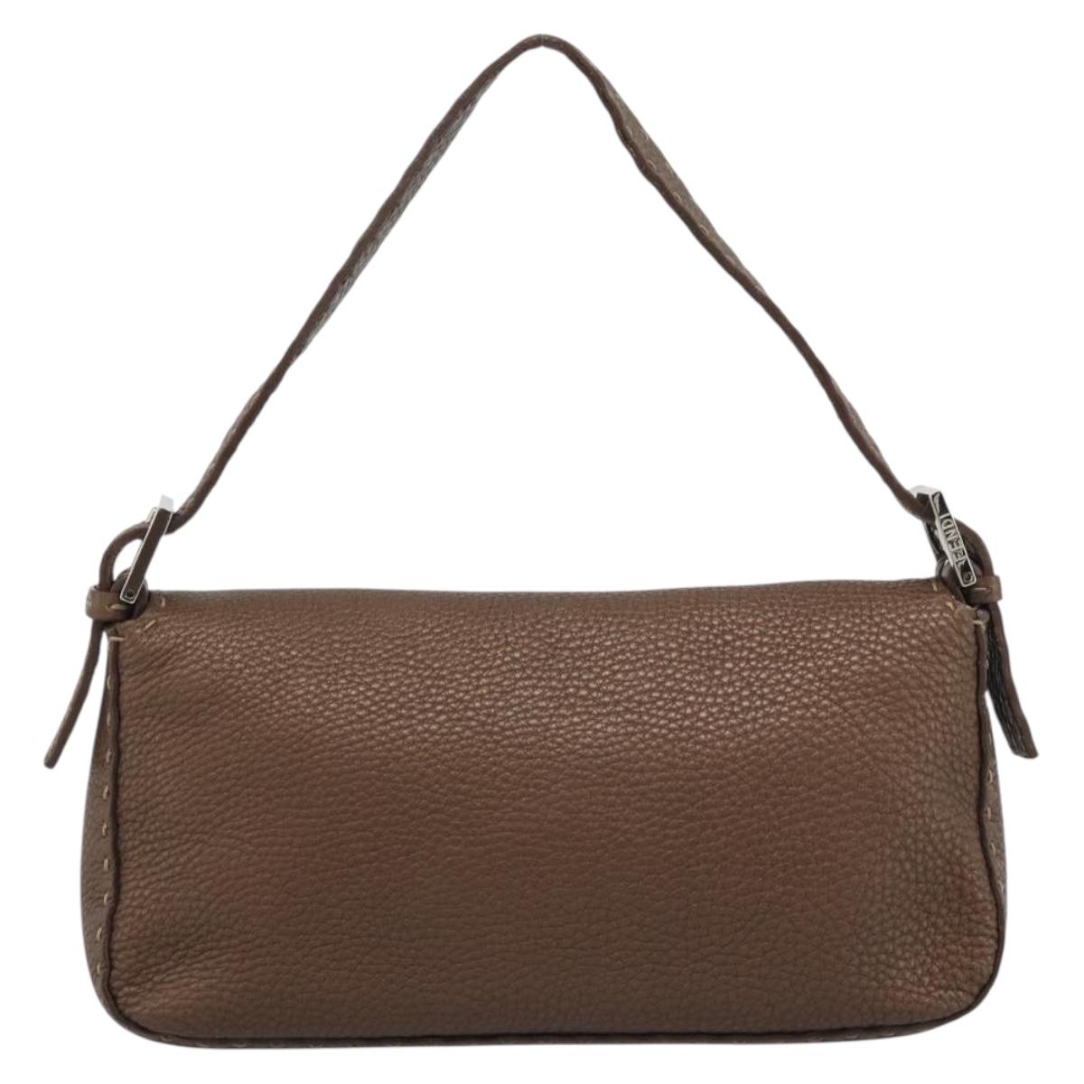 FENDI Celeria Mamma Baguette Shoulder Bag Leather Brown Silver Auth yk20699SAM
