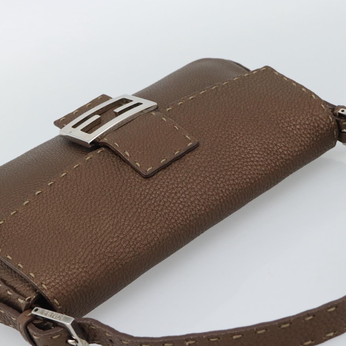 FENDI Celeria Mamma Baguette Shoulder Bag Leather Brown Silver Auth yk20699SAM