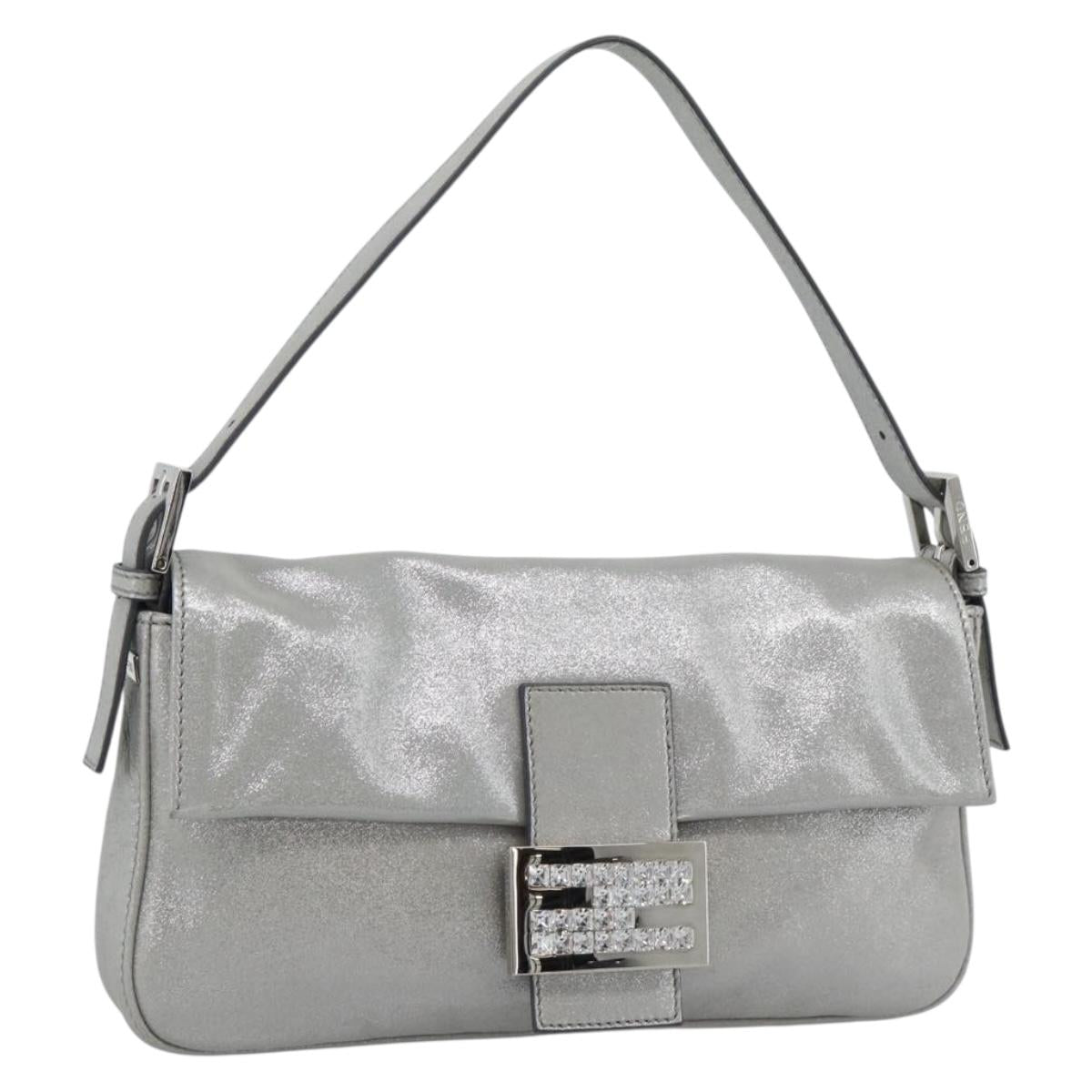 FENDI Rhinestone Mamma Baguette Bag Leather Silver 8BR600 Auth yk20705SM
