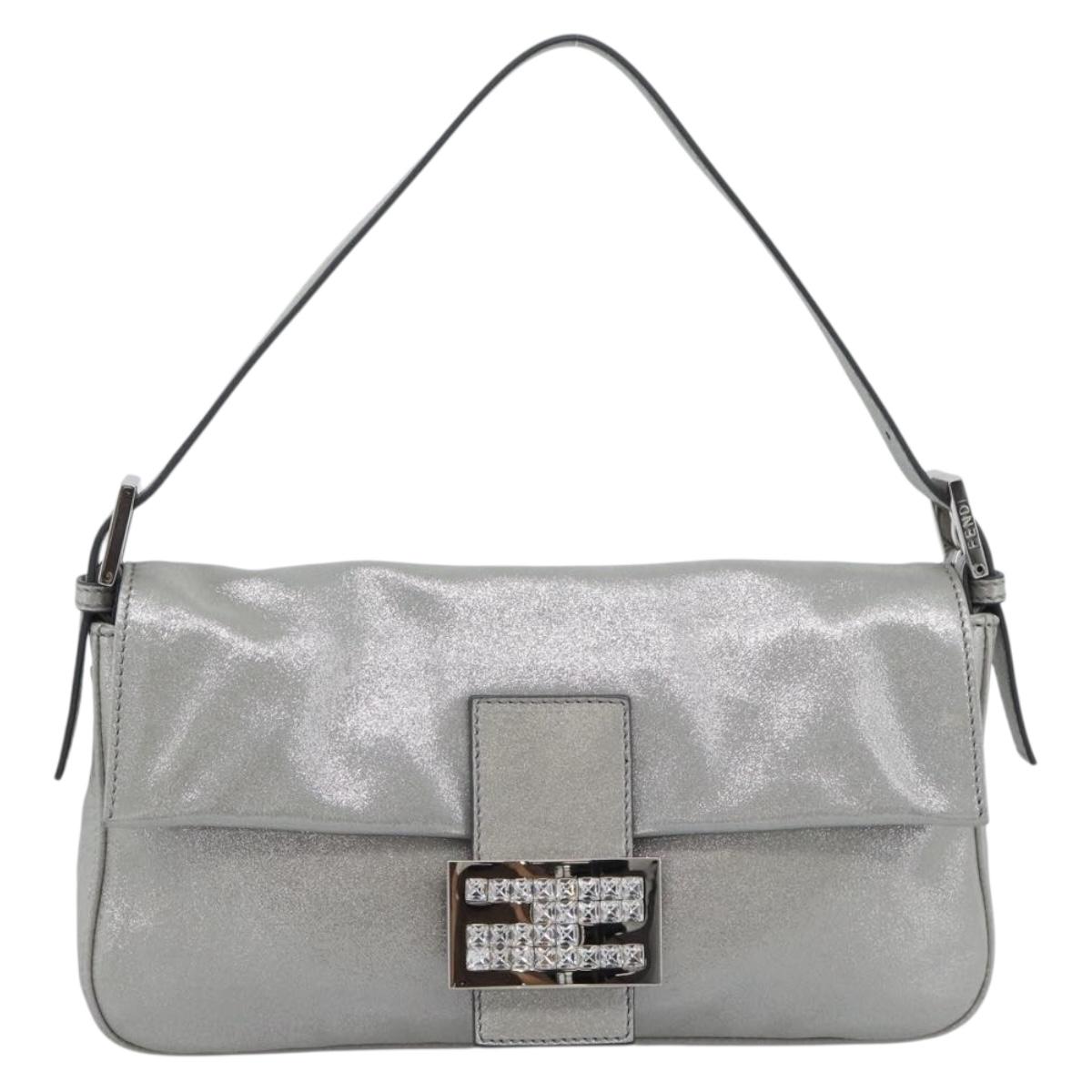 FENDI Rhinestone Mamma Baguette Bag Leather Silver 8BR600 Auth yk20705SM