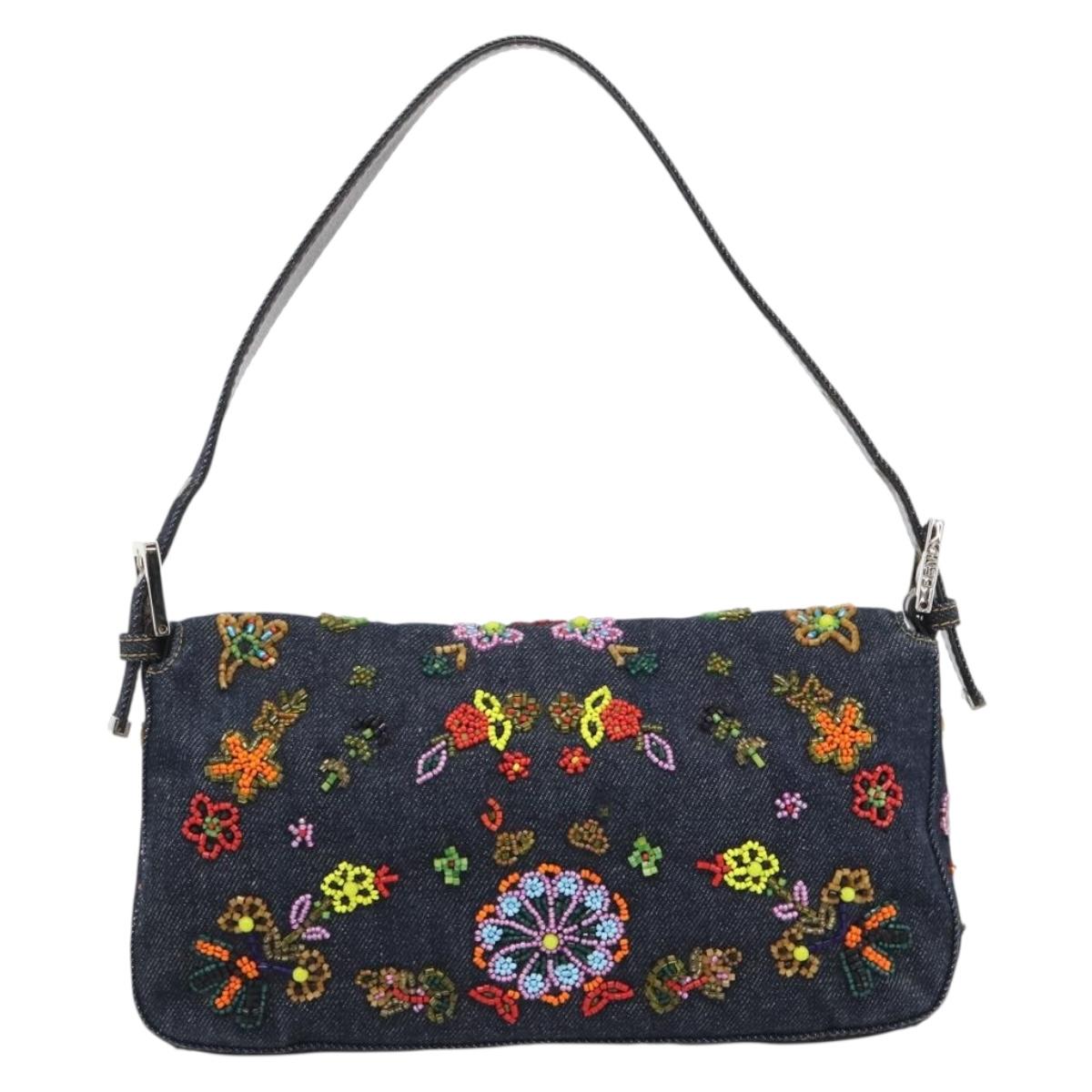 FENDI Denim Beads Mamma Baguette Shoulder Bag Multicolor Blue Auth yk20706SAM