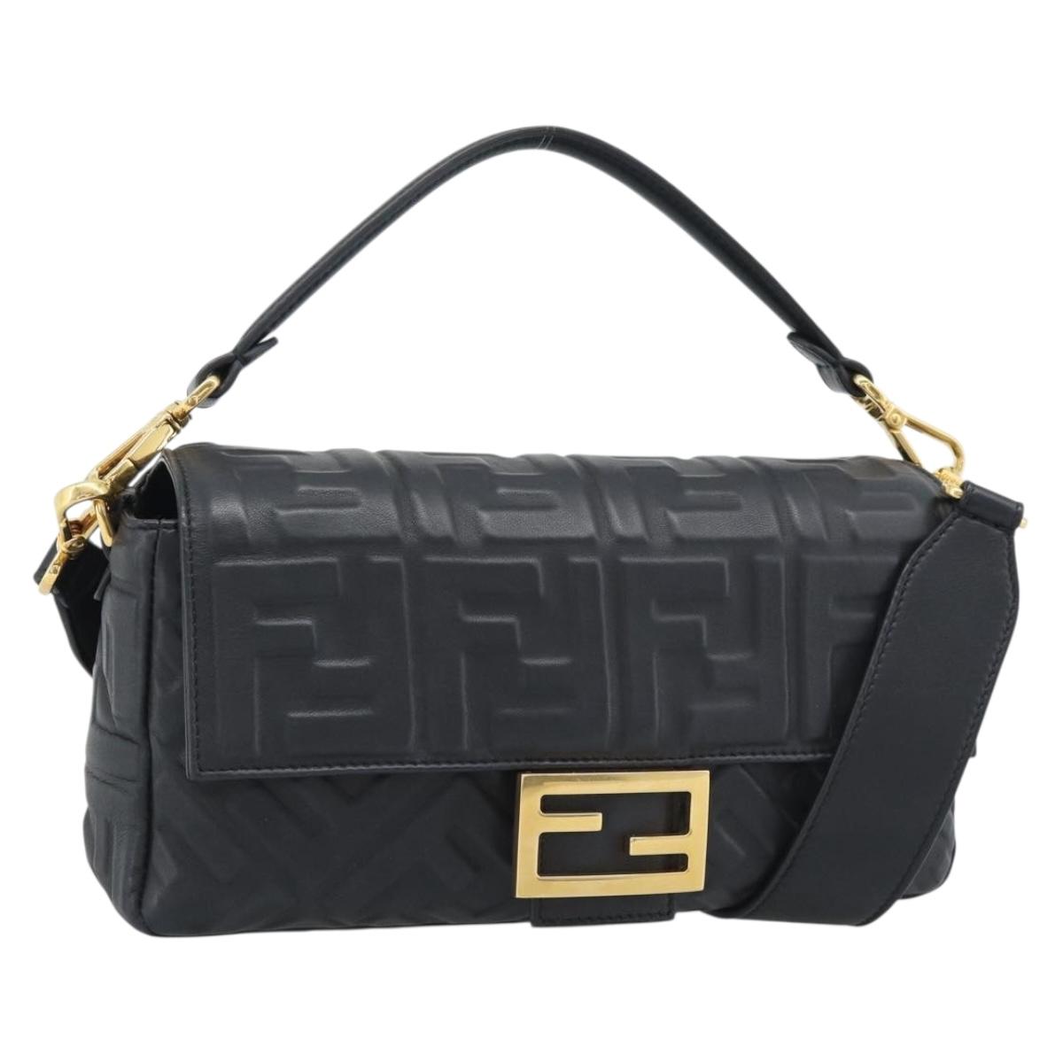 FENDI Zucca Mamma Baguette Bag Leather 2way Black Gold 8BH600 Auth yk20707SAM