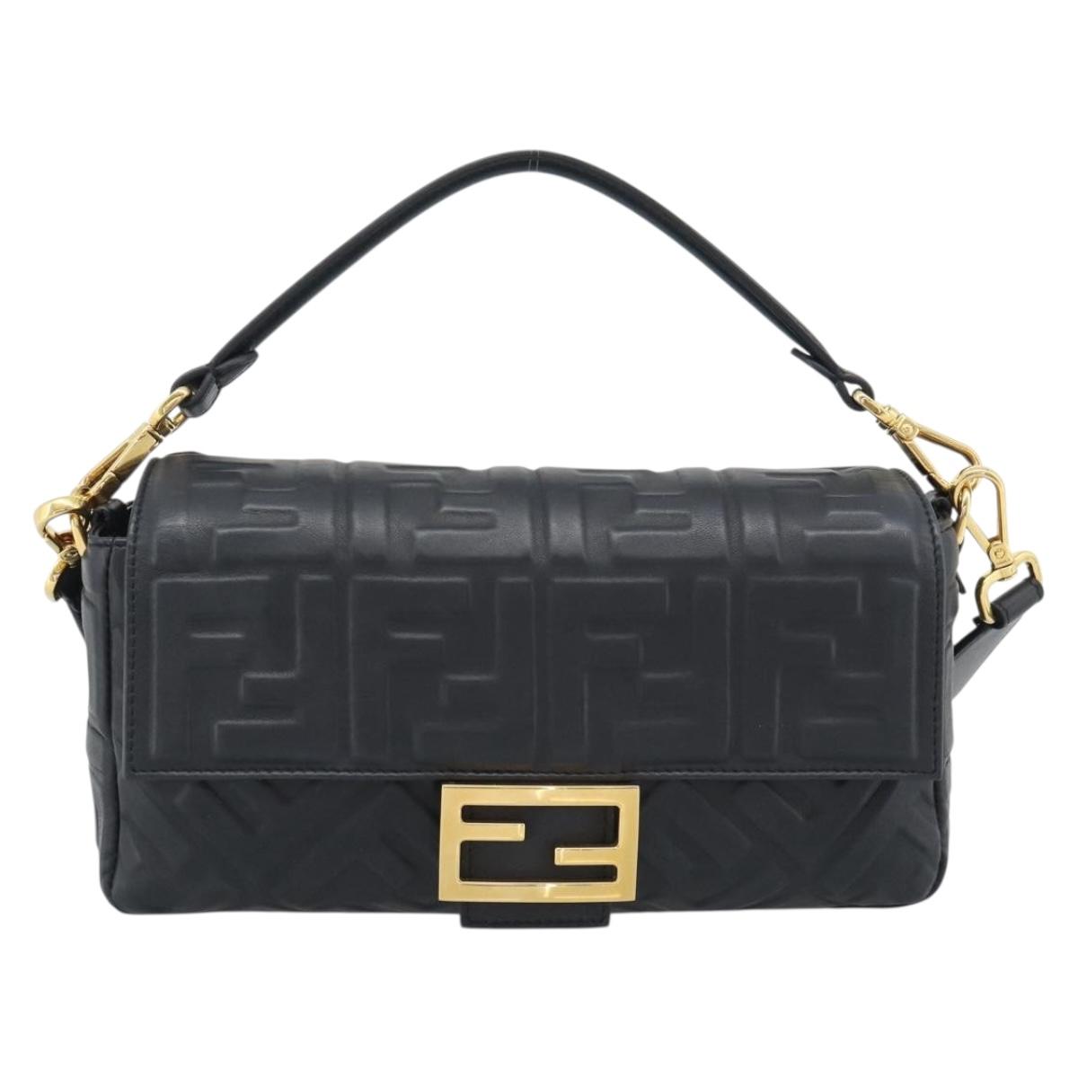 FENDI Zucca Mamma Baguette Bag Leather 2way Black Gold 8BH600 Auth yk20707SAM