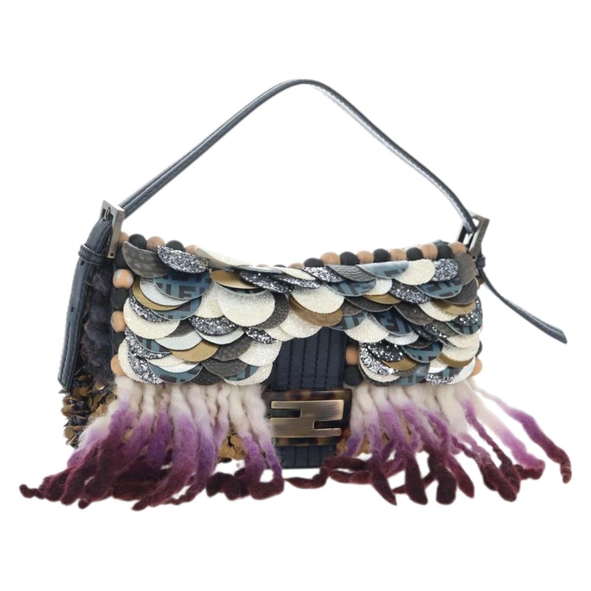 FENDI Mamma Baguette Bag Wool Sequin Metal Multicolor Gold Auth yk20710SM