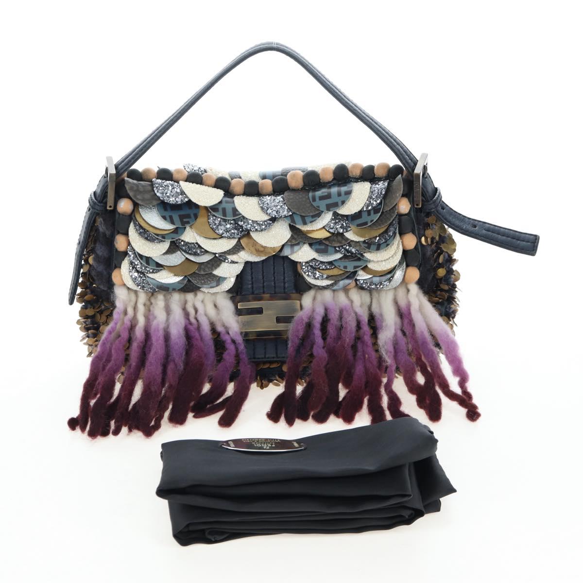 FENDI Mamma Baguette Bag Wool Sequin Metal Multicolor Gold Auth yk20710SM