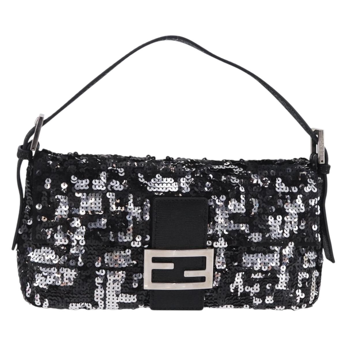 FENDI Mamma Baguette Shoulder Bag Sequin Black Silver Auth yk20711SM