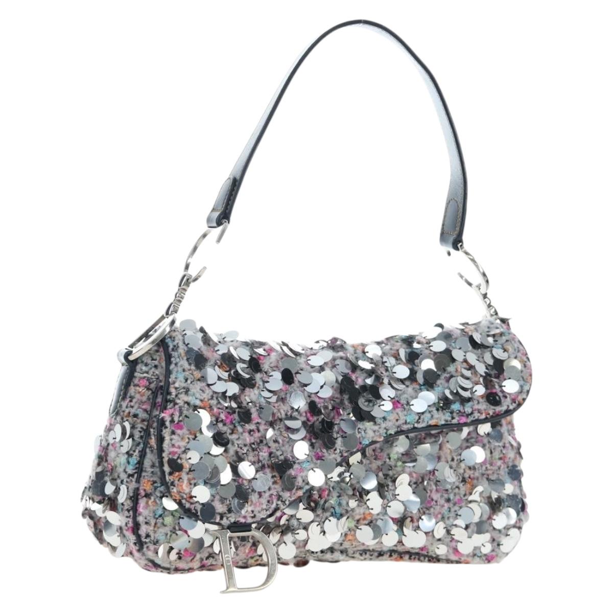 Christian Dior Saddle Bag Wool Sequins Multicolor Silver Auth yk20712SM