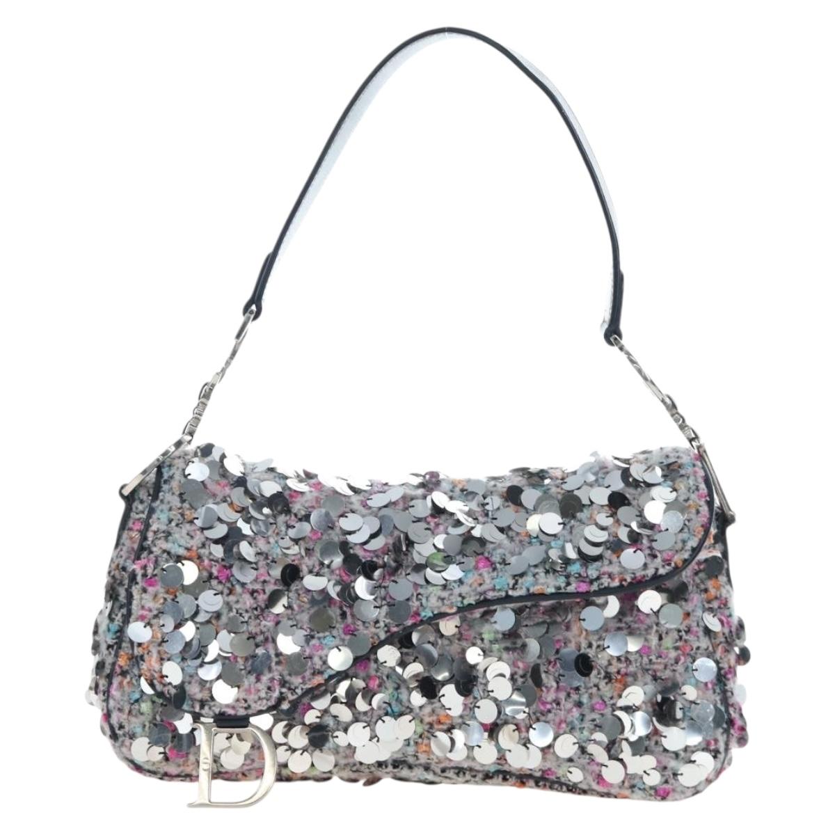 Christian Dior Saddle Bag Wool Sequins Multicolor Silver Auth yk20712SM
