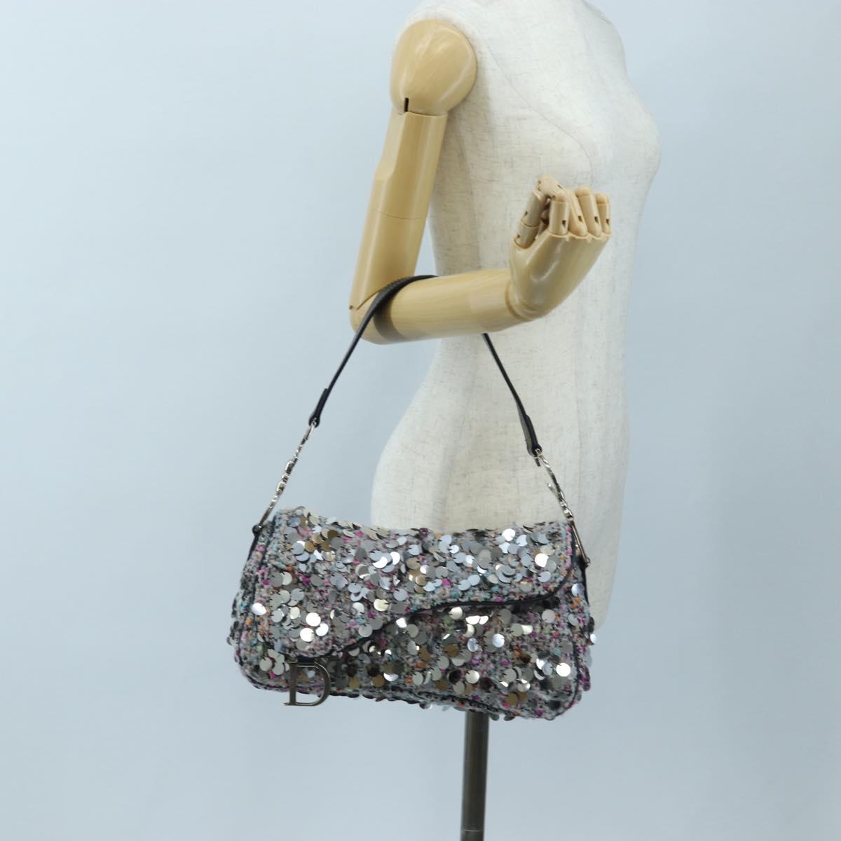 Christian Dior Saddle Bag Wool Sequins Multicolor Silver Auth yk20712SM